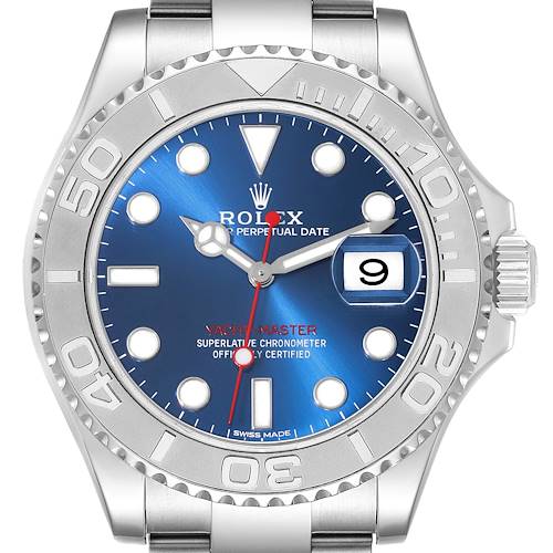 The image shows a close-up of the Rolex Yacht-Master watch face with a blue dial, bezel, and part of the bracelet from the front view.