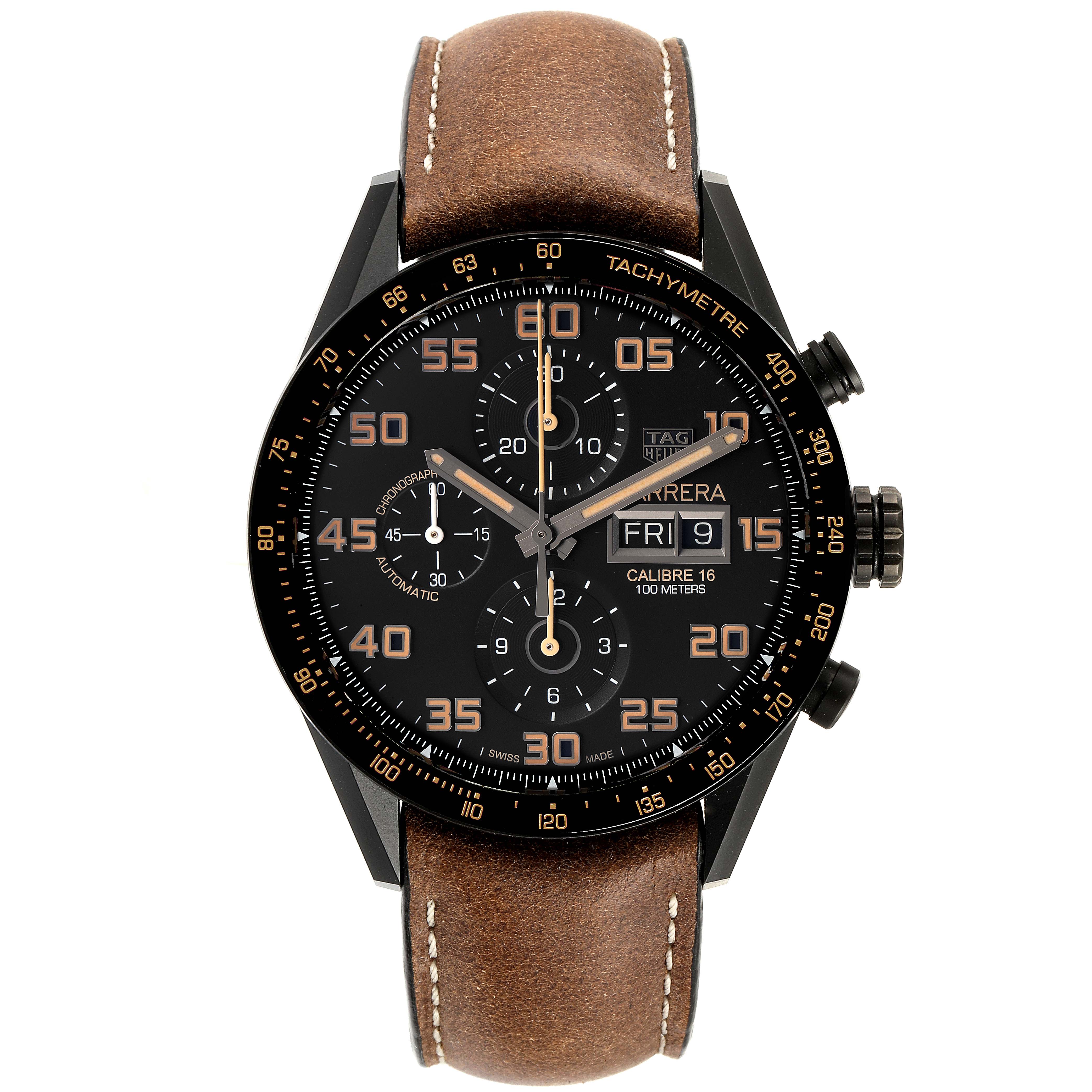 The image shows a front view of the Tag Heuer Carrera CV2A84.FC6394 Men's Titanium Black Dial CV2A84.FC6394 Men's Titanium Black Dial watch, featuring a black dial, tachymeter bezel, and brown leather strap.