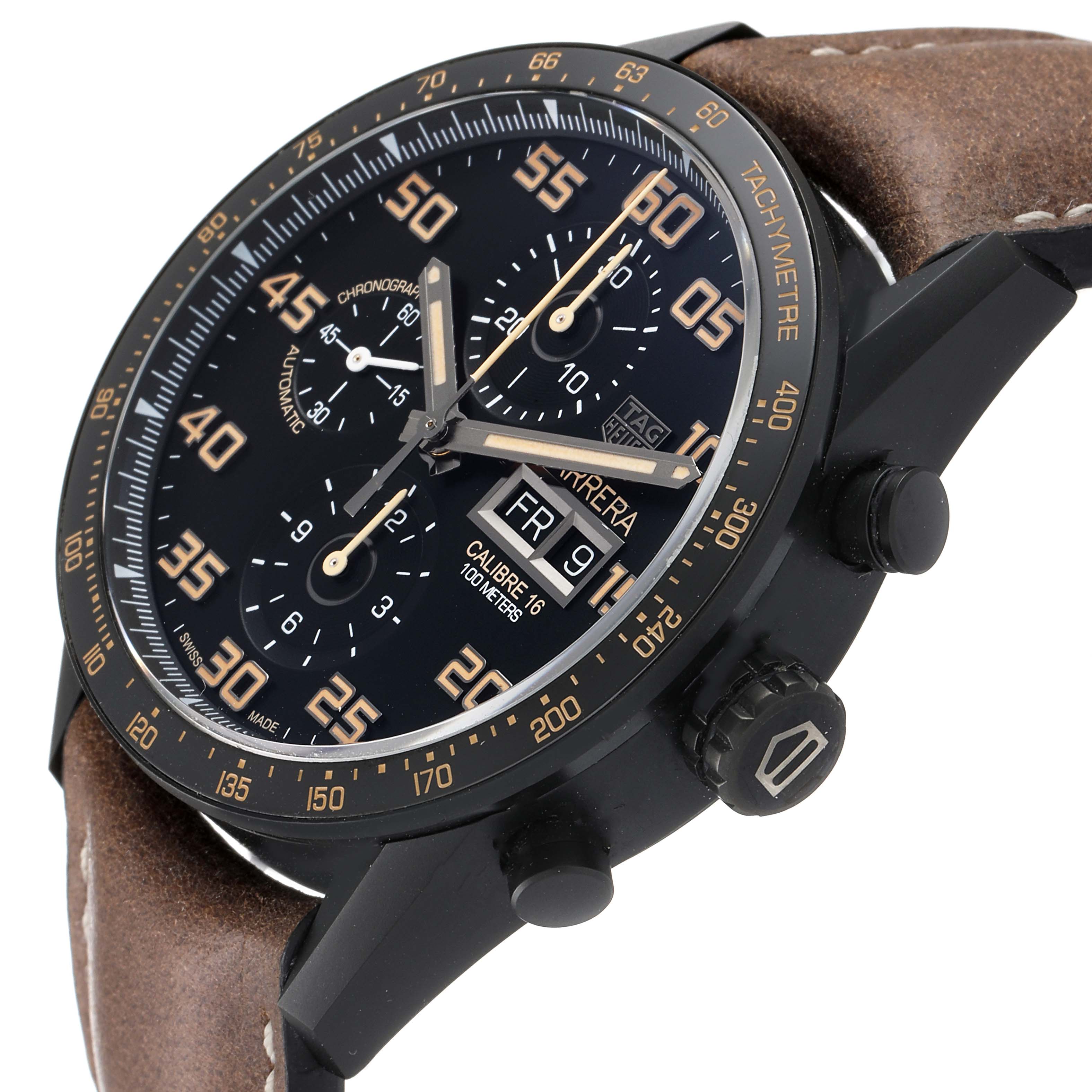 The image shows a close-up, angled view of a Tag Heuer Carrera CV2A84.FC6394 Men's Titanium Black Dial CV2A84.FC6394 Men's Titanium Black Dial watch, highlighting the face, bezel, crown, pushers, and leather strap.