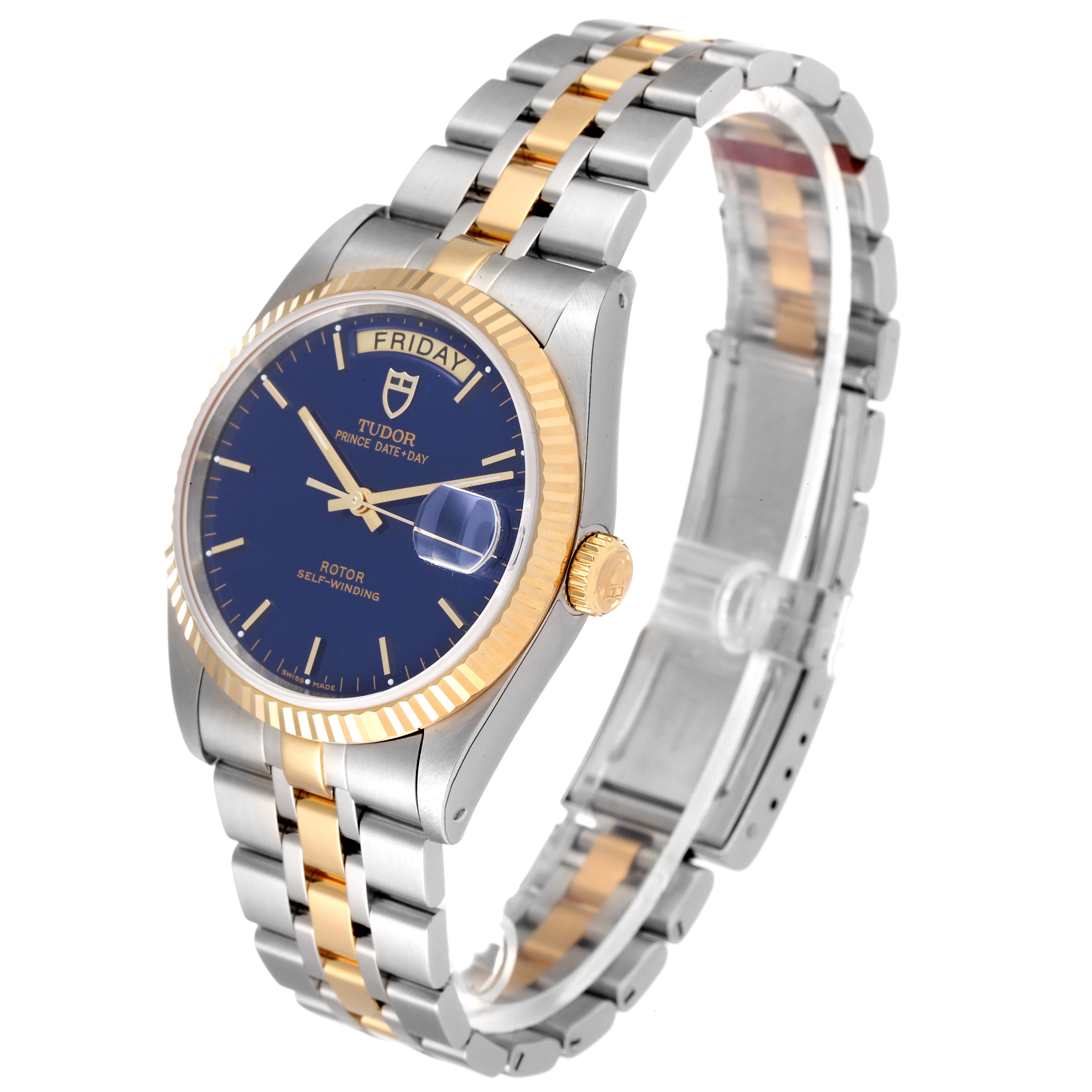 The Tudor Prince 76213 Men
s Steel and Gold (two tone) Blue Dial 76213 Men
s Steel and Gold (two tone) Blue Dial model watch is shown at a slight angle, highlighting its blue dial, gold bezel, and two-tone bracelet.