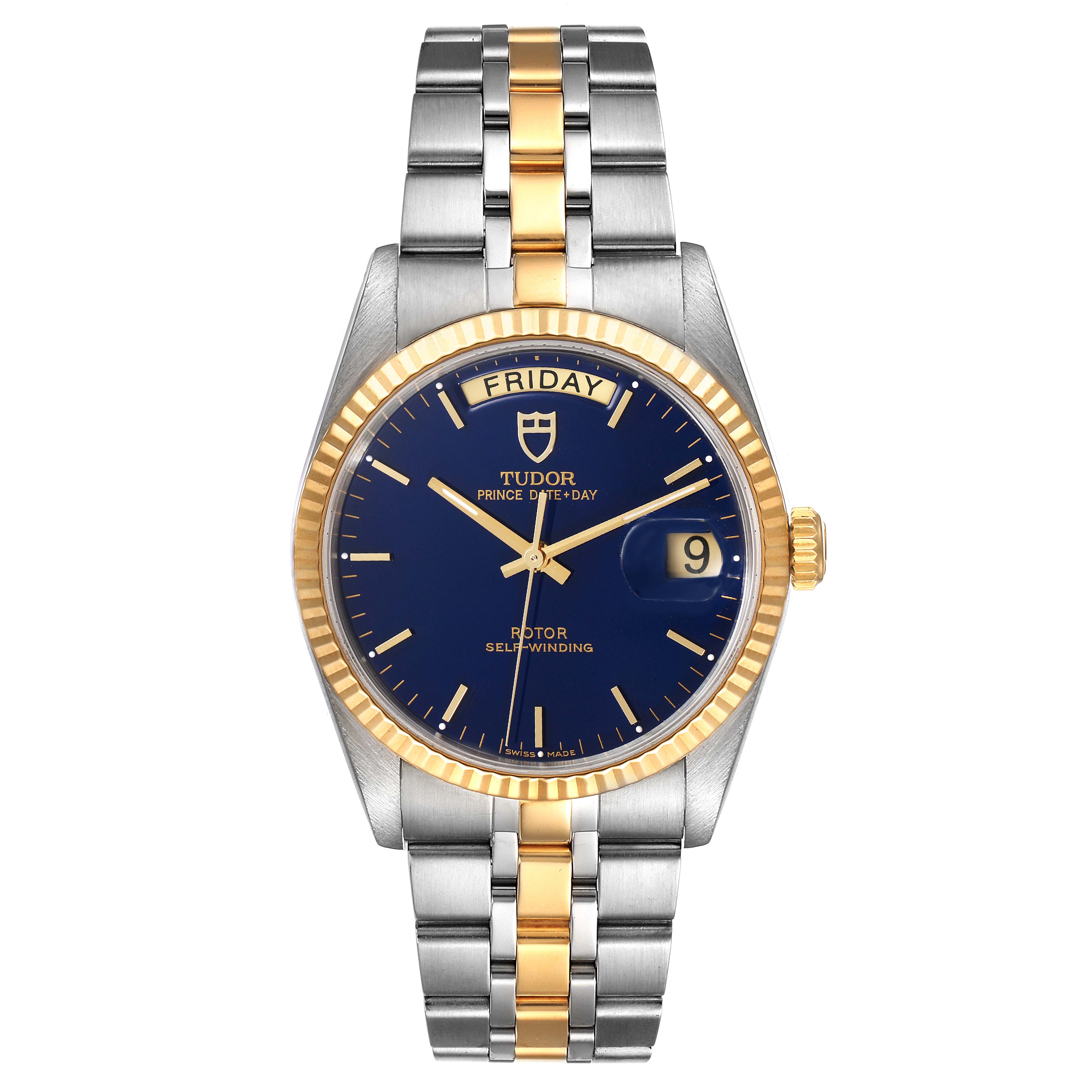 The image shows a front view of a Tudor Prince 76213 Men
s Steel and Gold (two tone) Blue Dial 76213 Men
s Steel and Gold (two tone) Blue Dial watch, displaying the face, bezel, and two-tone metal bracelet.