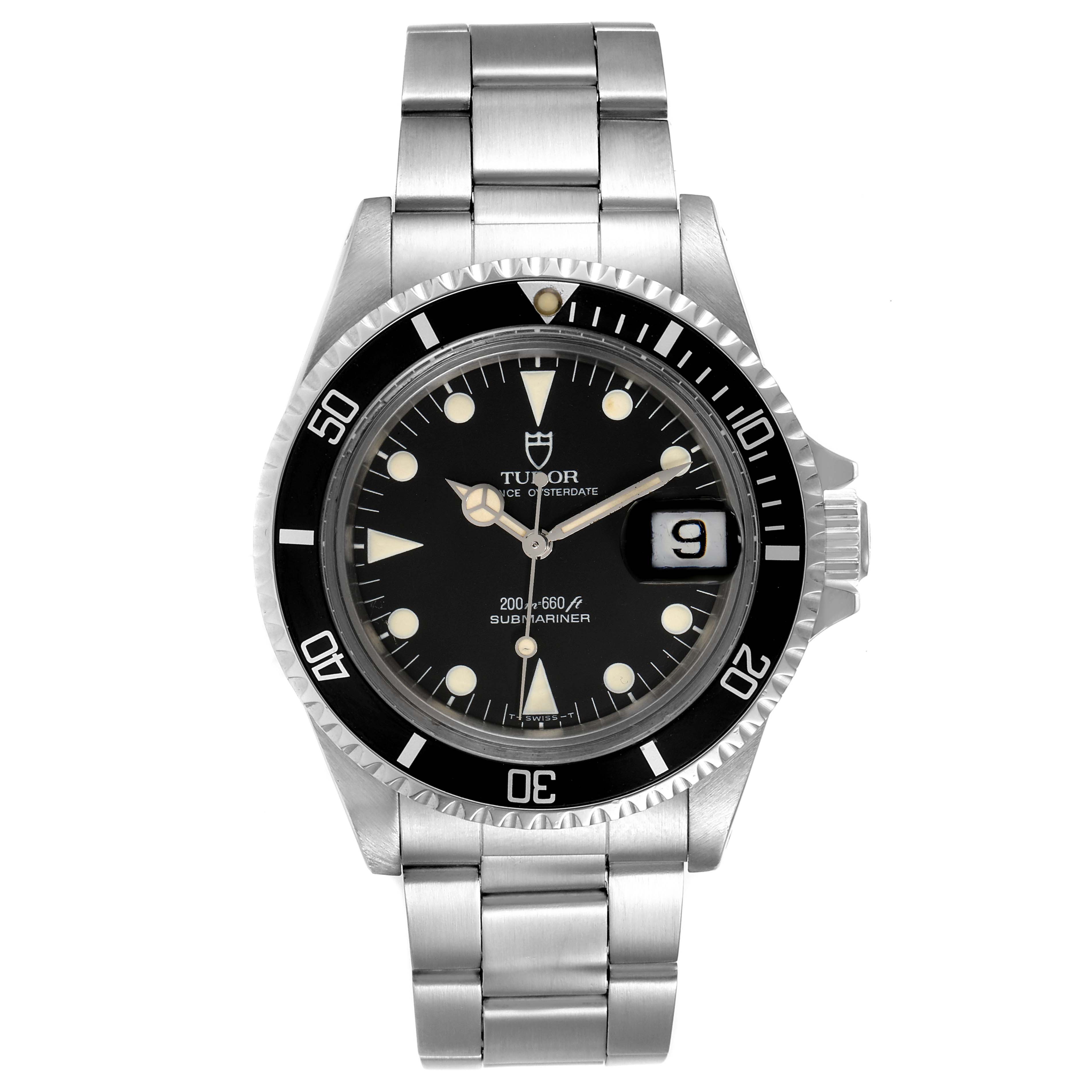 The image shows a front view of the Tudor Submariner 79090 Men's Stainless Steel Black Dial 79090 Men's Stainless Steel Black Dial watch, highlighting its dial, bezel, date window, and bracelet.