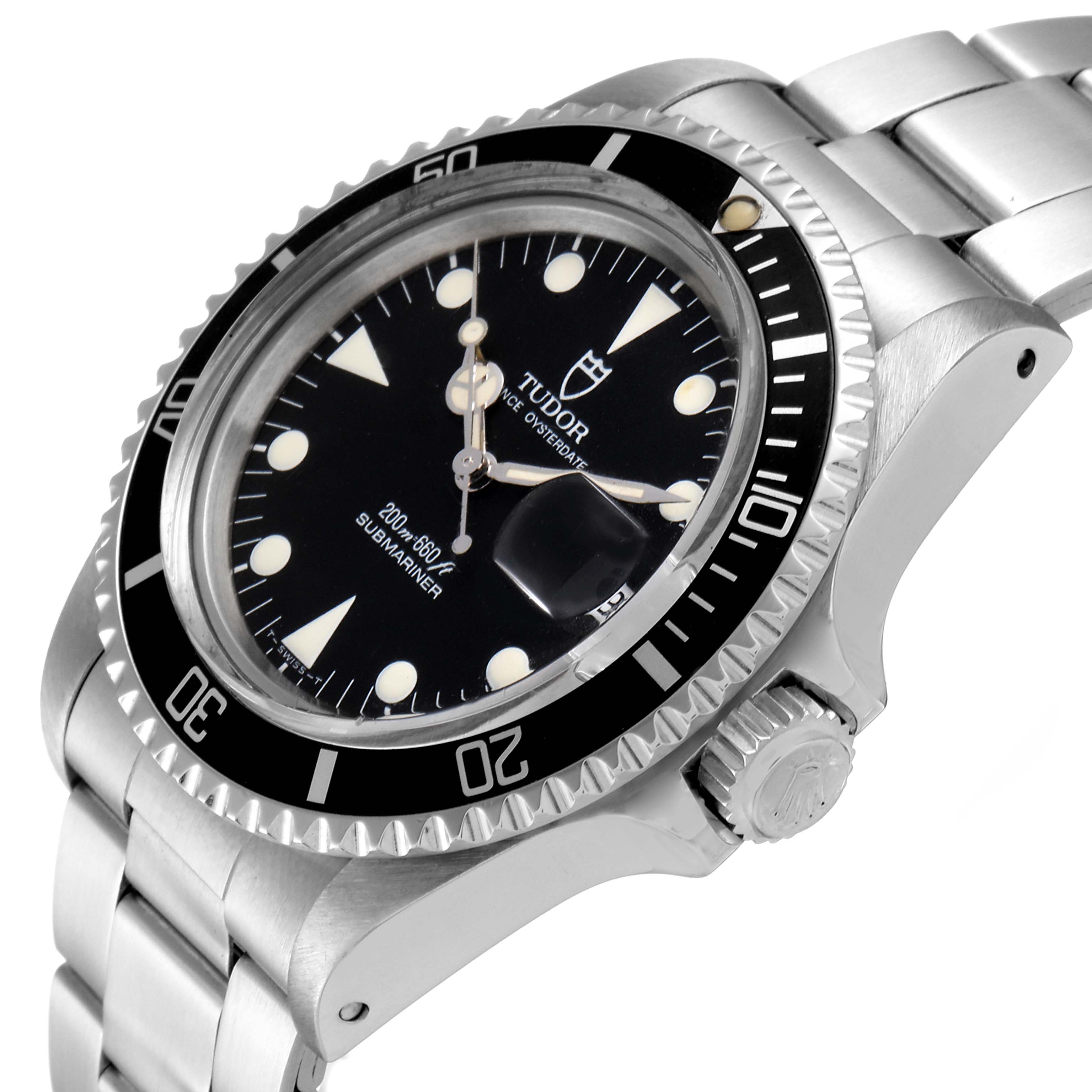The Tudor Submariner 79090 Men's Stainless Steel Black Dial 79090 Men's Stainless Steel Black Dial watch is shown at an angled view displaying the dial, crown, and part of the bracelet.