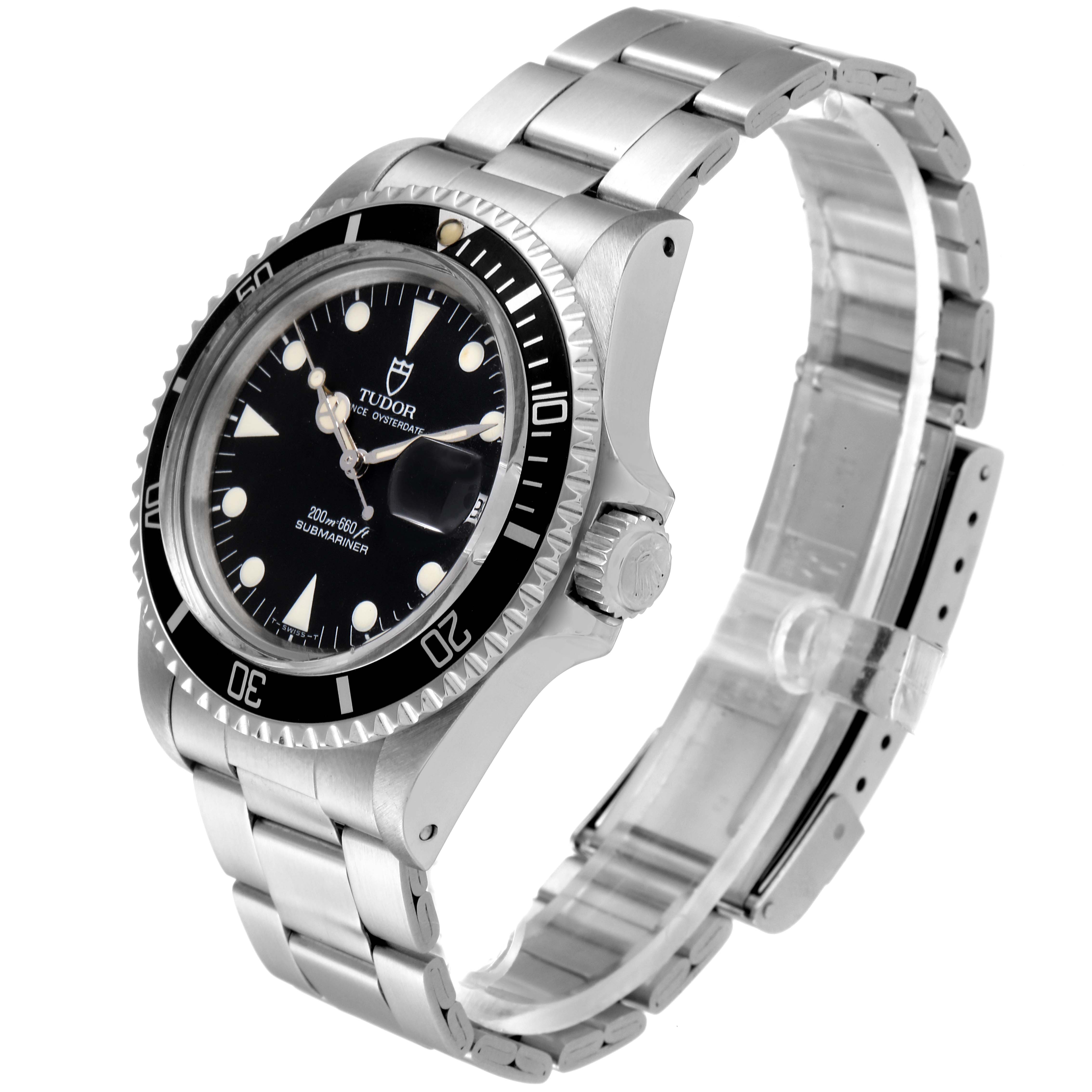 The Tudor Submariner 79090 Men's Stainless Steel Black Dial 79090 Men's Stainless Steel Black Dial watch is shown at a three-quarter view angle, highlighting its face, bezel, crown, and bracelet.