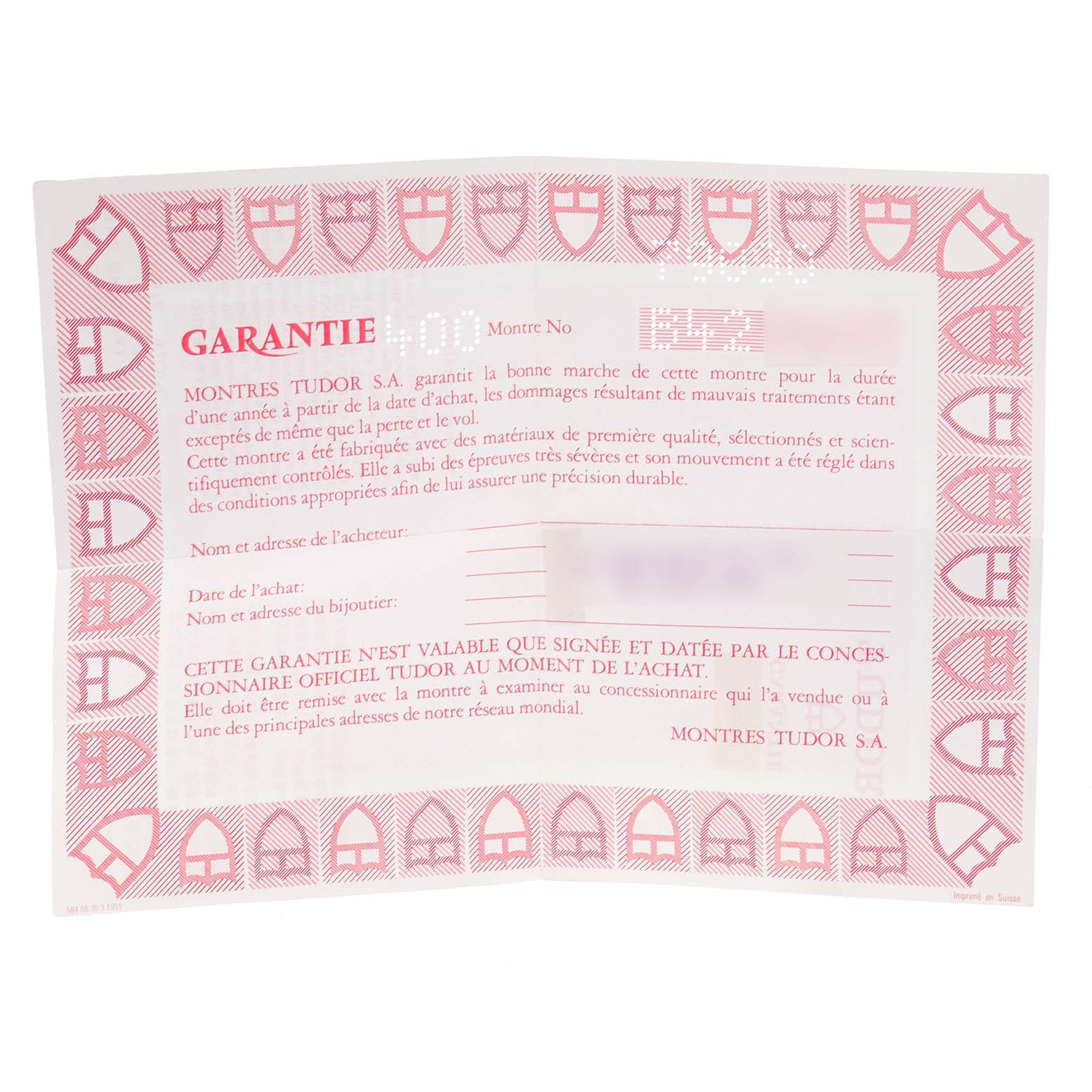 This is a warranty card for the Tudor Submariner 79090 Men's Stainless Steel Black Dial 79090 Men's Stainless Steel Black Dial watch, displaying details and conditions in French.