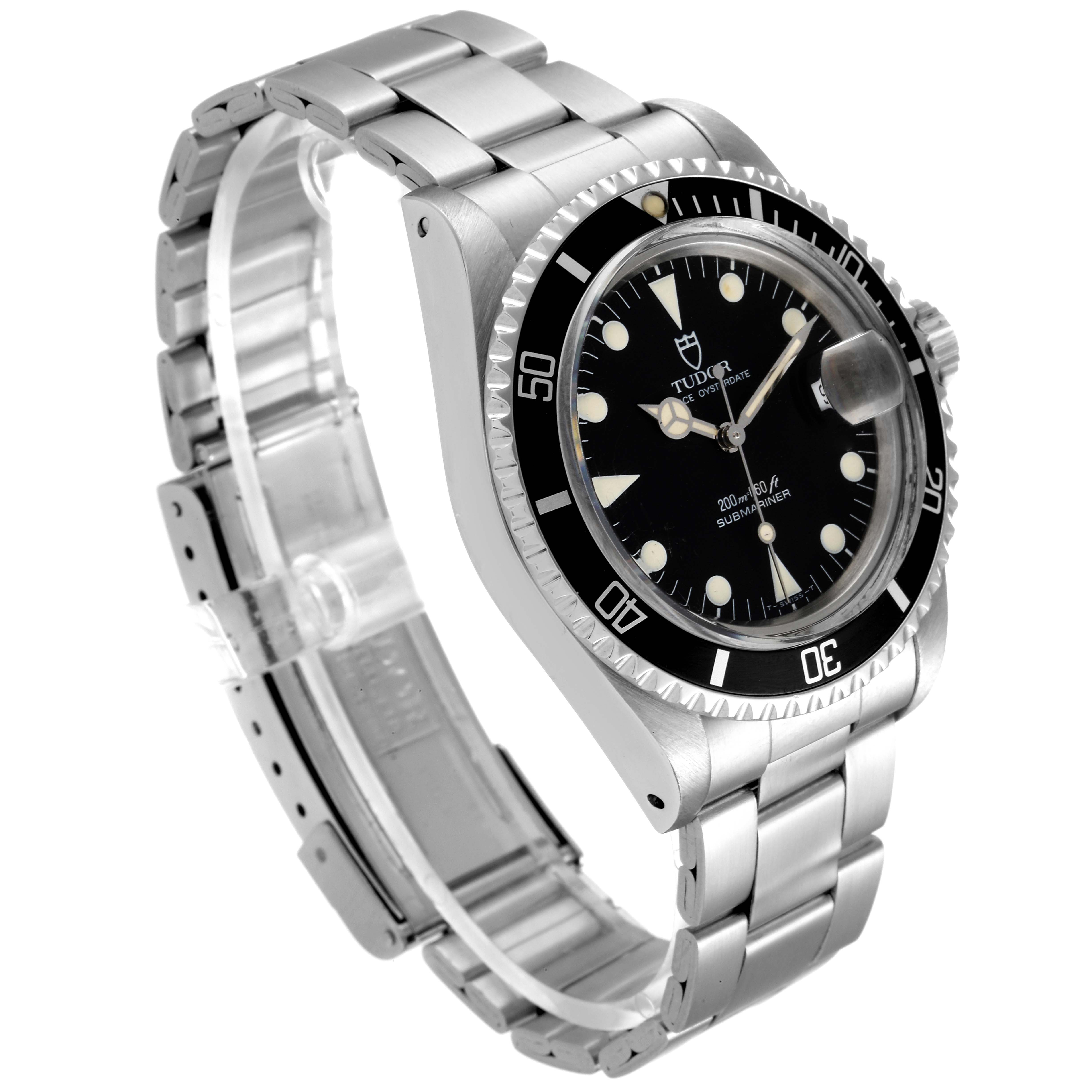 The Tudor Submariner 79090 Men's Stainless Steel Black Dial 79090 Men's Stainless Steel Black Dial watch is shown from a three-quarter angle, highlighting the dial, bezel, case, and bracelet.