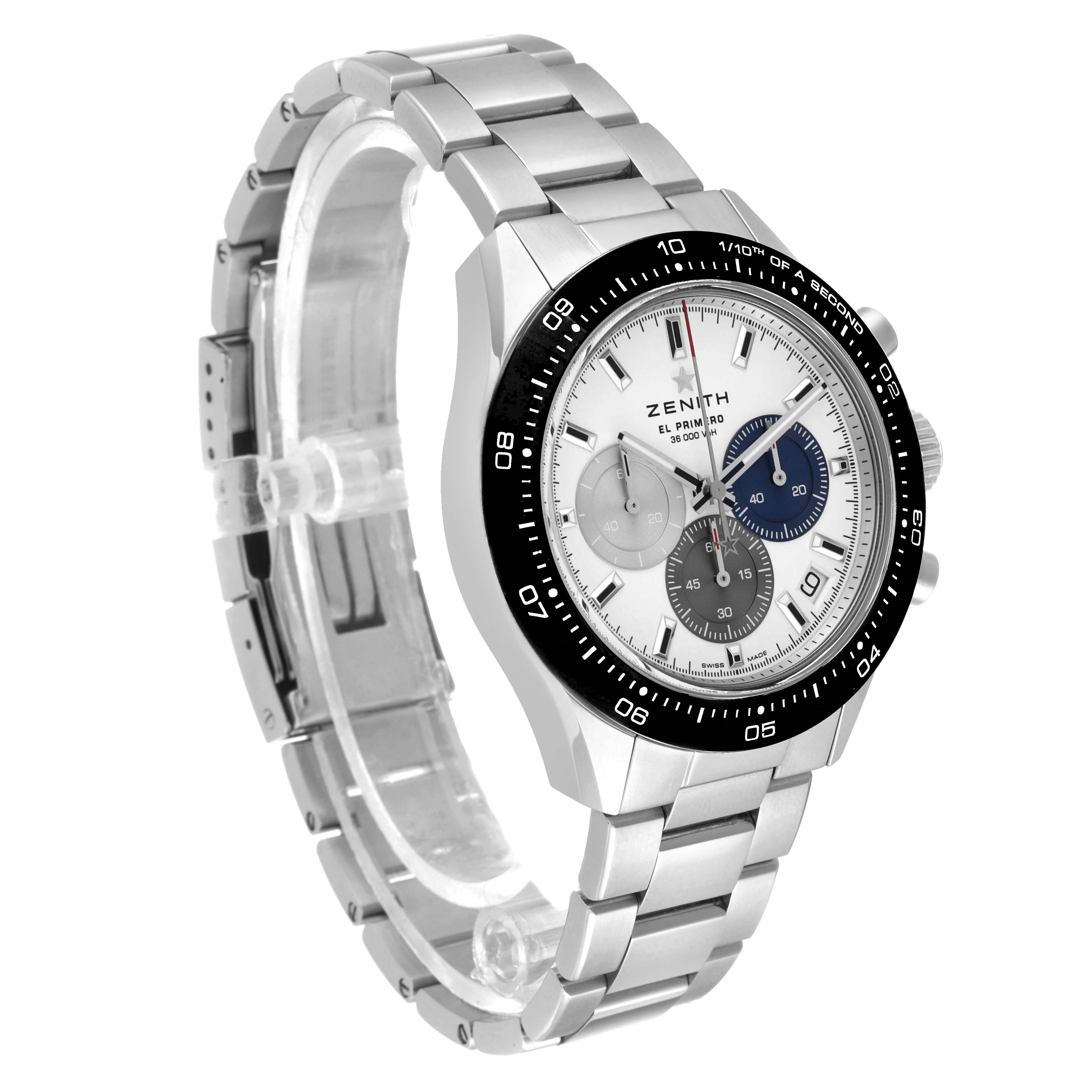 The Zenith Chronomaster 03.3100.3600 Men
s Stainless Steel White Dial 03.3100.3600 Men
s Stainless Steel White Dial watch is shown at a slight angle, displaying its face, bezel, and stainless steel bracelet.