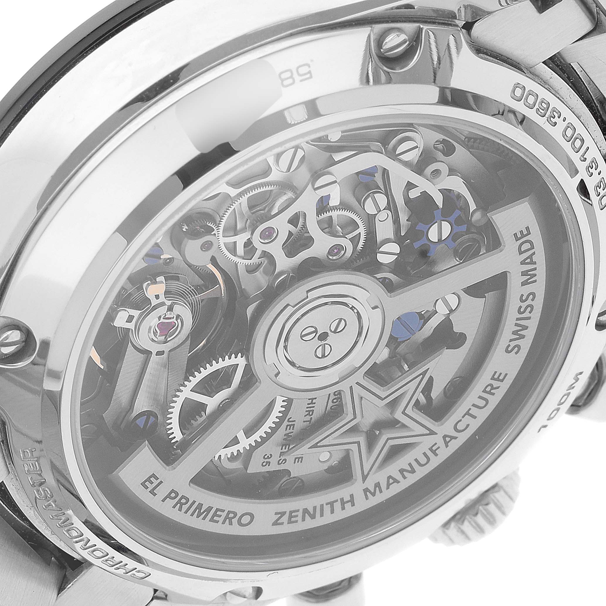 The image shows the back view of the Zenith Chronomaster 03.3100.3600 Men
s Stainless Steel White Dial 03.3100.3600 Men
s Stainless Steel White Dial watch, highlighting its intricate movement and inner mechanism.