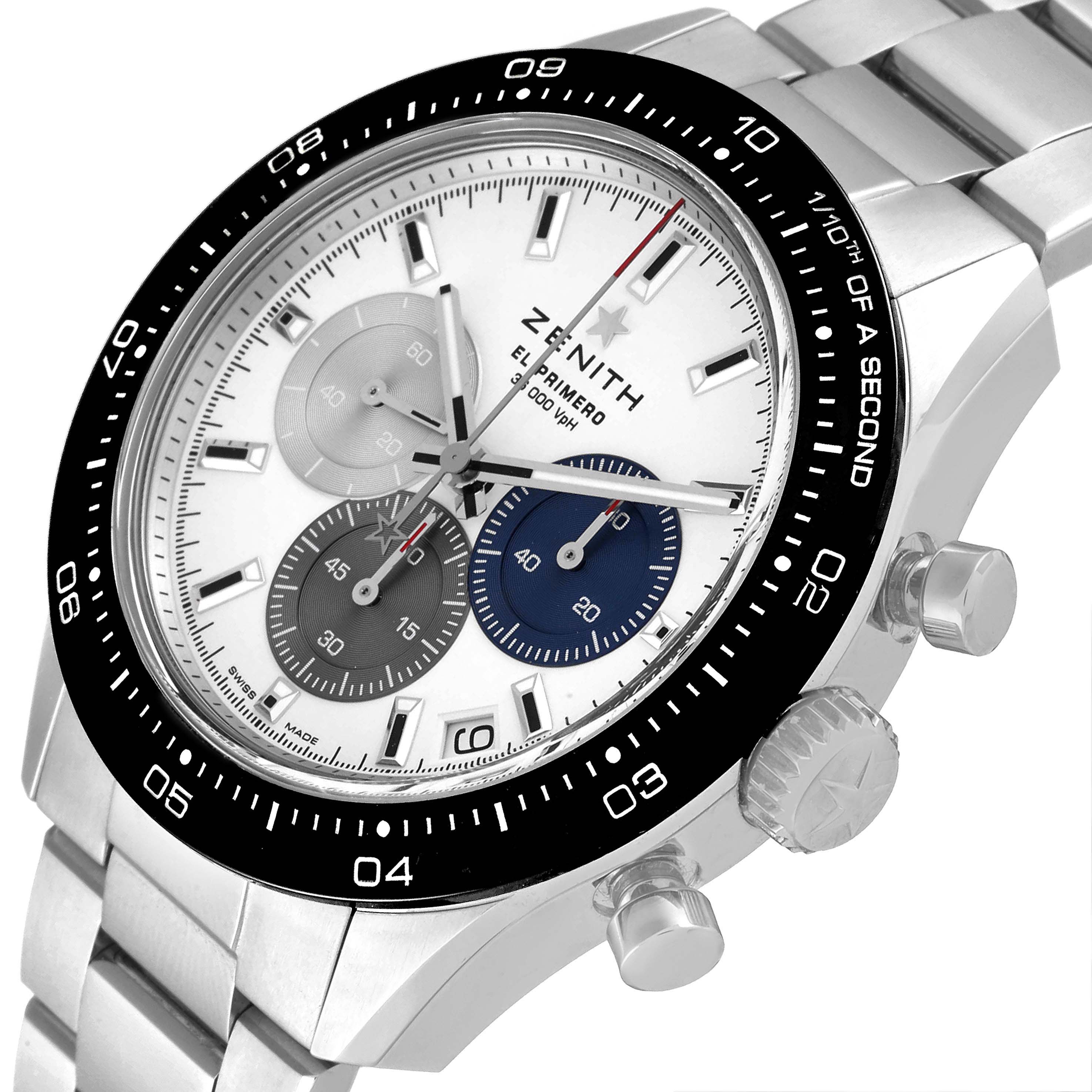 The image depicts a Zenith Chronomaster 03.3100.3600 Men
s Stainless Steel White Dial 03.3100.3600 Men
s Stainless Steel White Dial watch at an oblique angle highlighting the dial, bezel, pushers, and bracelet.