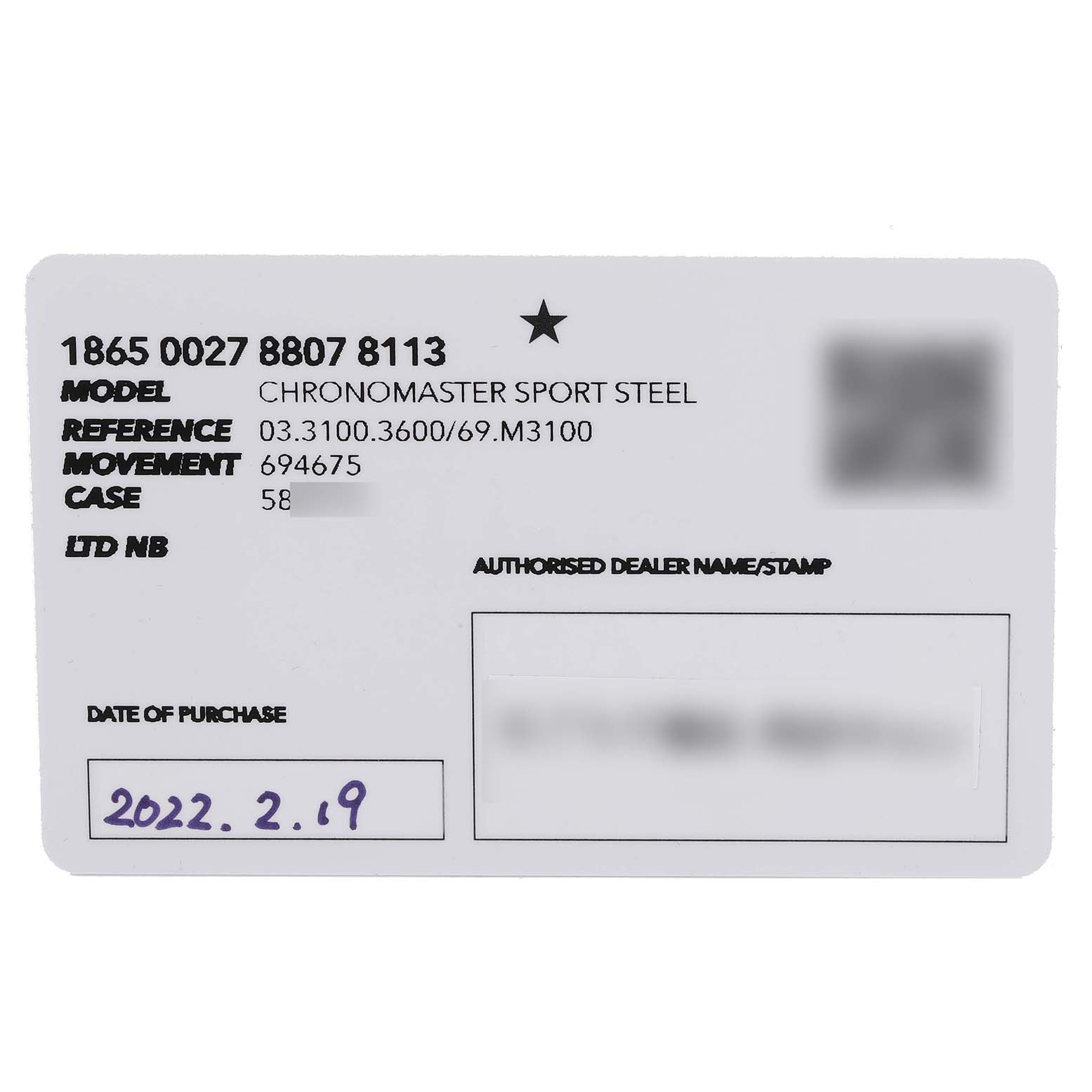 The image shows the warranty card of a Zenith Chronomaster 03.3100.3600 Men
s Stainless Steel White Dial 03.3100.3600 Men
s Stainless Steel White Dial Sport Steel watch.