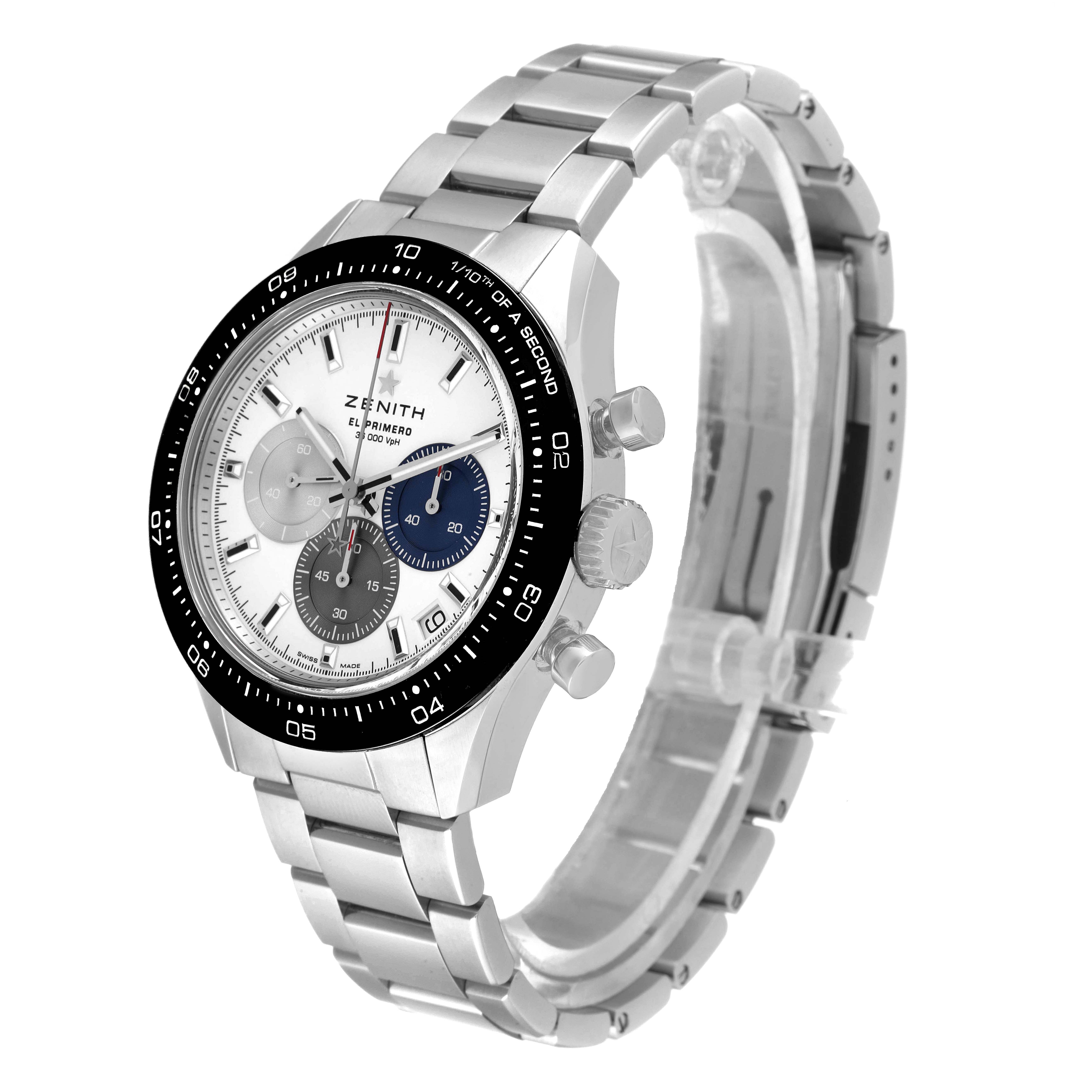 The image shows a Zenith Chronomaster 03.3100.3600 Men
s Stainless Steel White Dial 03.3100.3600 Men
s Stainless Steel White Dial watch at a slight angle, highlighting its dial, bezel, and metal bracelet.