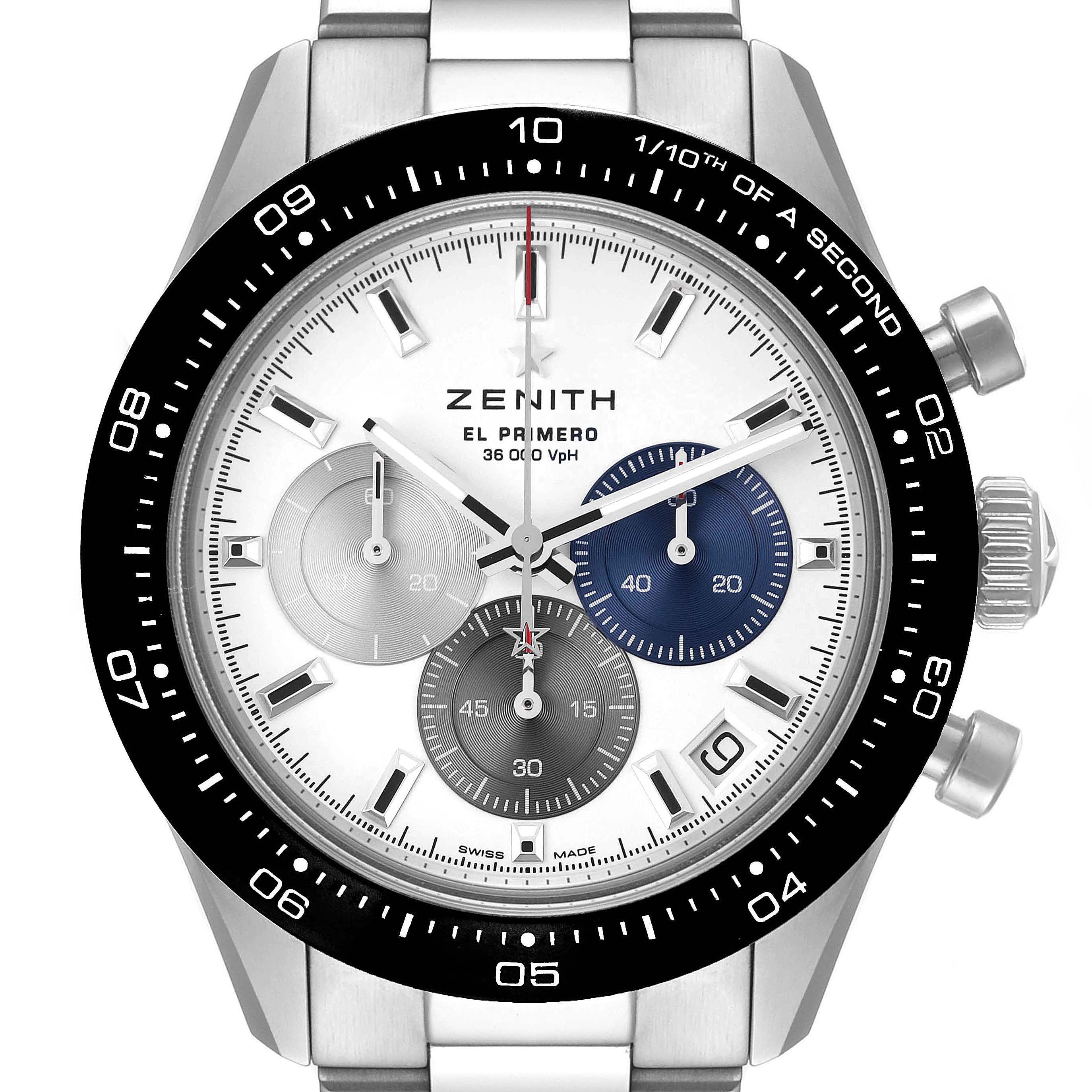 The image shows a front view of the Zenith Chronomaster 03.3100.3600 Men
s Stainless Steel White Dial 03.3100.3600 Men
s Stainless Steel White Dial watch, highlighting its dial, sub-dials, bezel, and crown. 