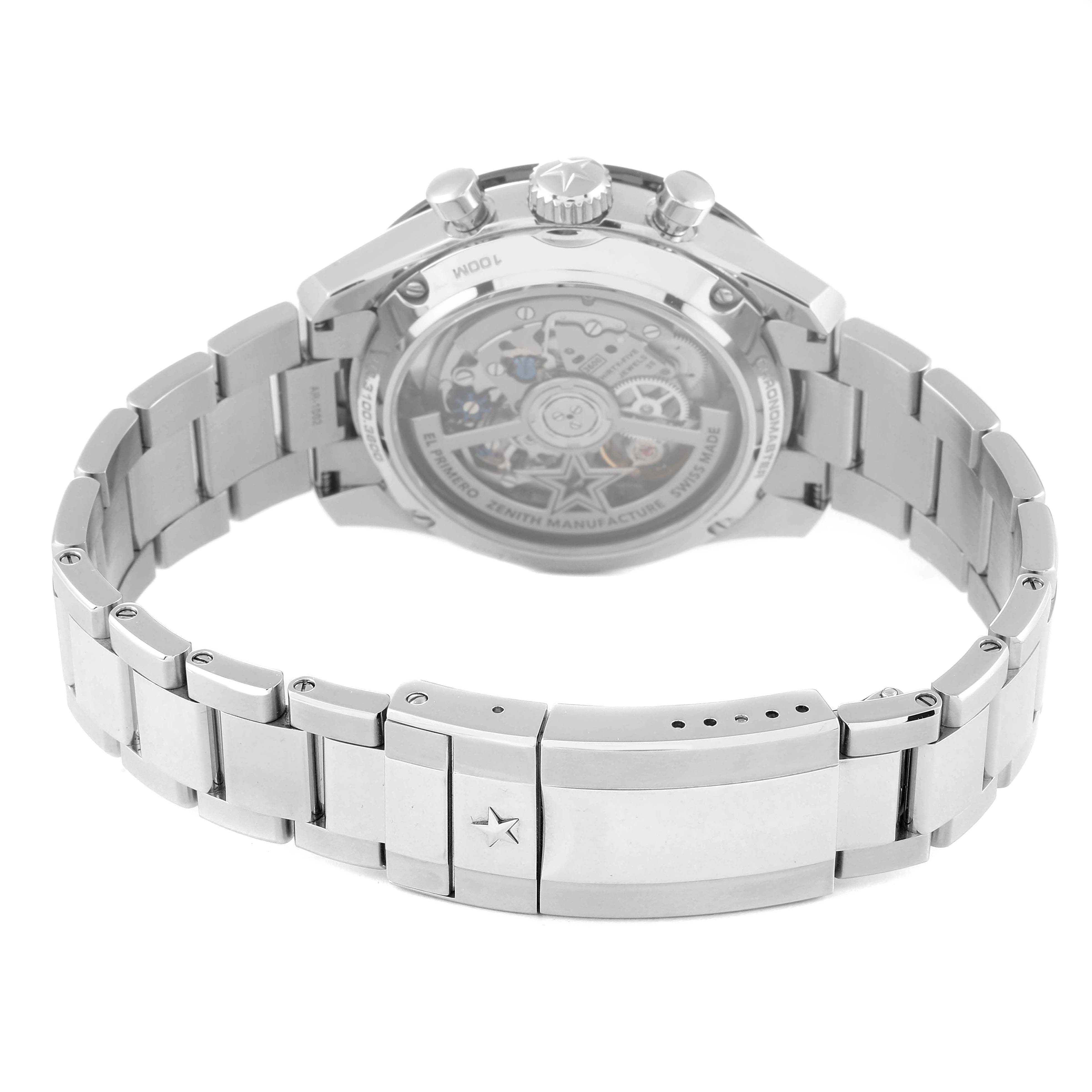 The image shows the back view of a Zenith Chronomaster 03.3100.3600 Men
s Stainless Steel White Dial 03.3100.3600 Men
s Stainless Steel White Dial watch, focusing on its case back and metal bracelet.