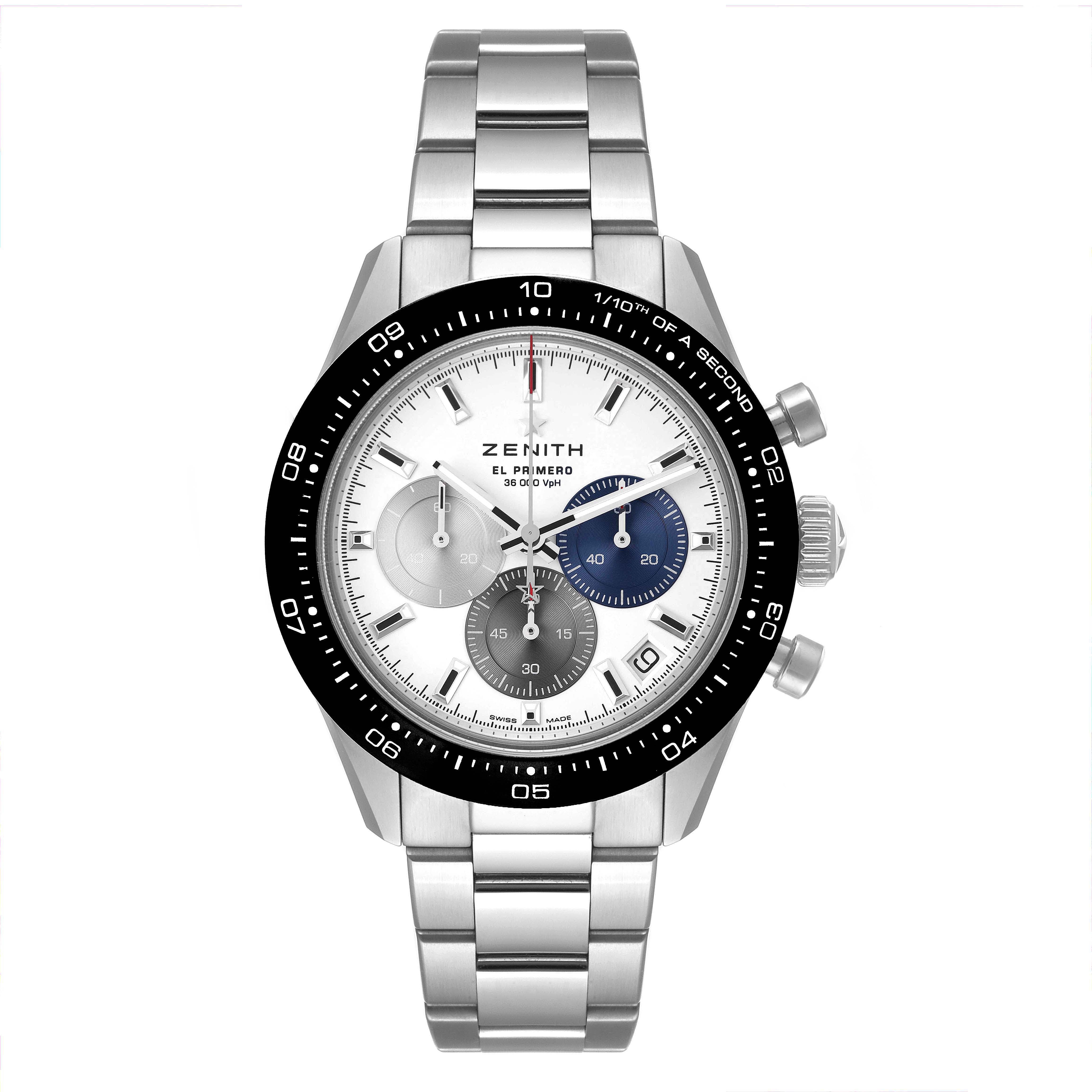 The image shows a front view of the Zenith Chronomaster 03.3100.3600 Men
s Stainless Steel White Dial 03.3100.3600 Men
s Stainless Steel White Dial watch, highlighting its face, bezel, crown, and metal bracelet.