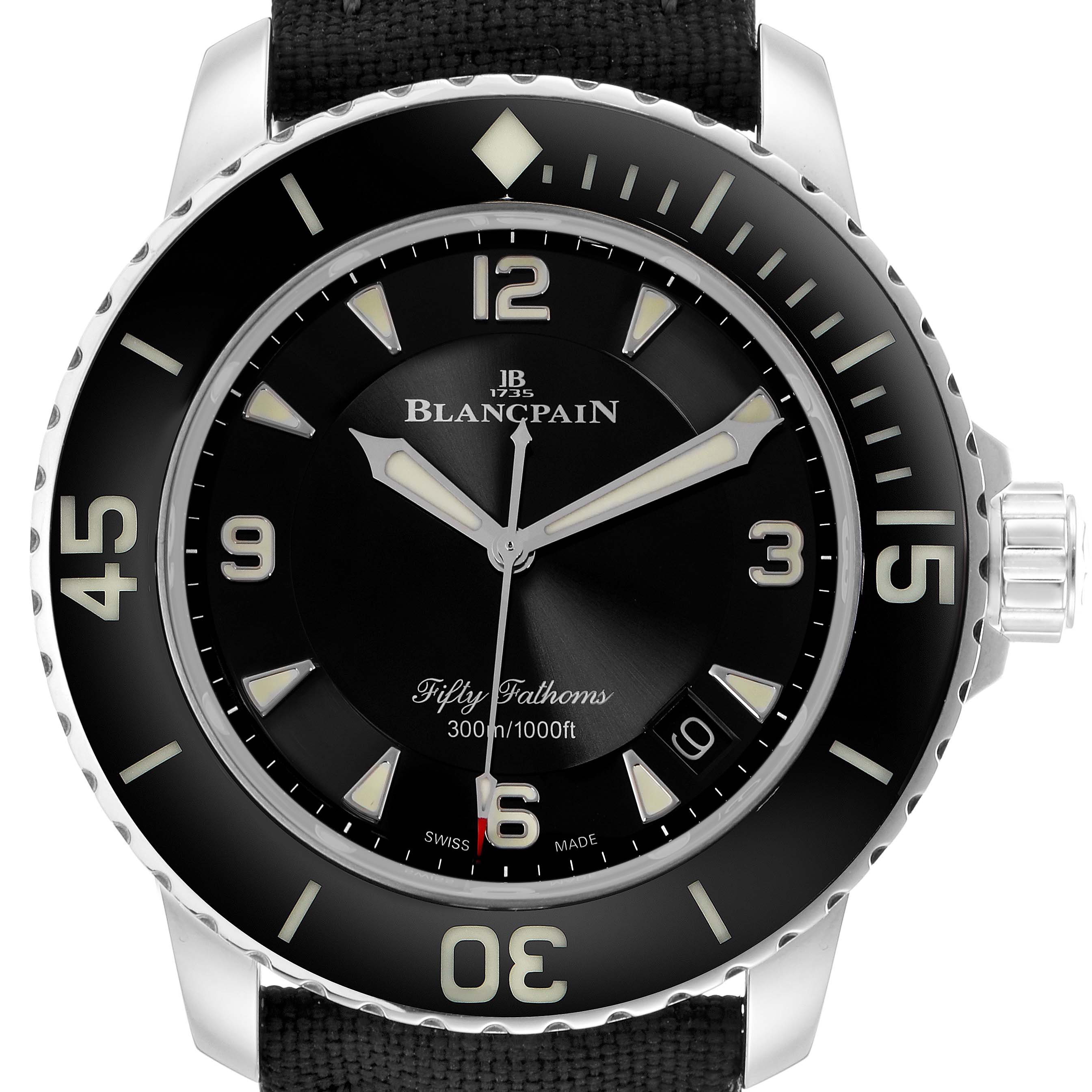 The Blancpain Fifty Fathoms model 5015-1130-715 is shown from the front, highlighting the black dial, bezel, luminous hands, and markings.