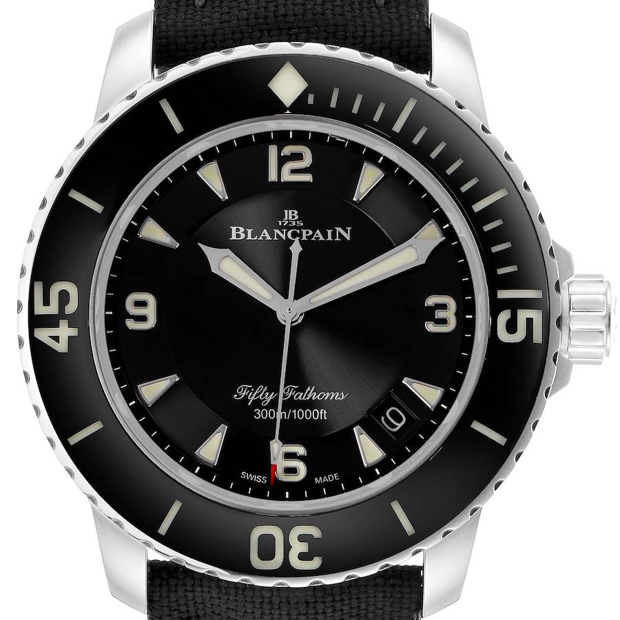 The Blancpain Fifty Fathoms model 5015-1130-715 is shown from the front, highlighting the black dial, bezel, luminous hands, and markings.