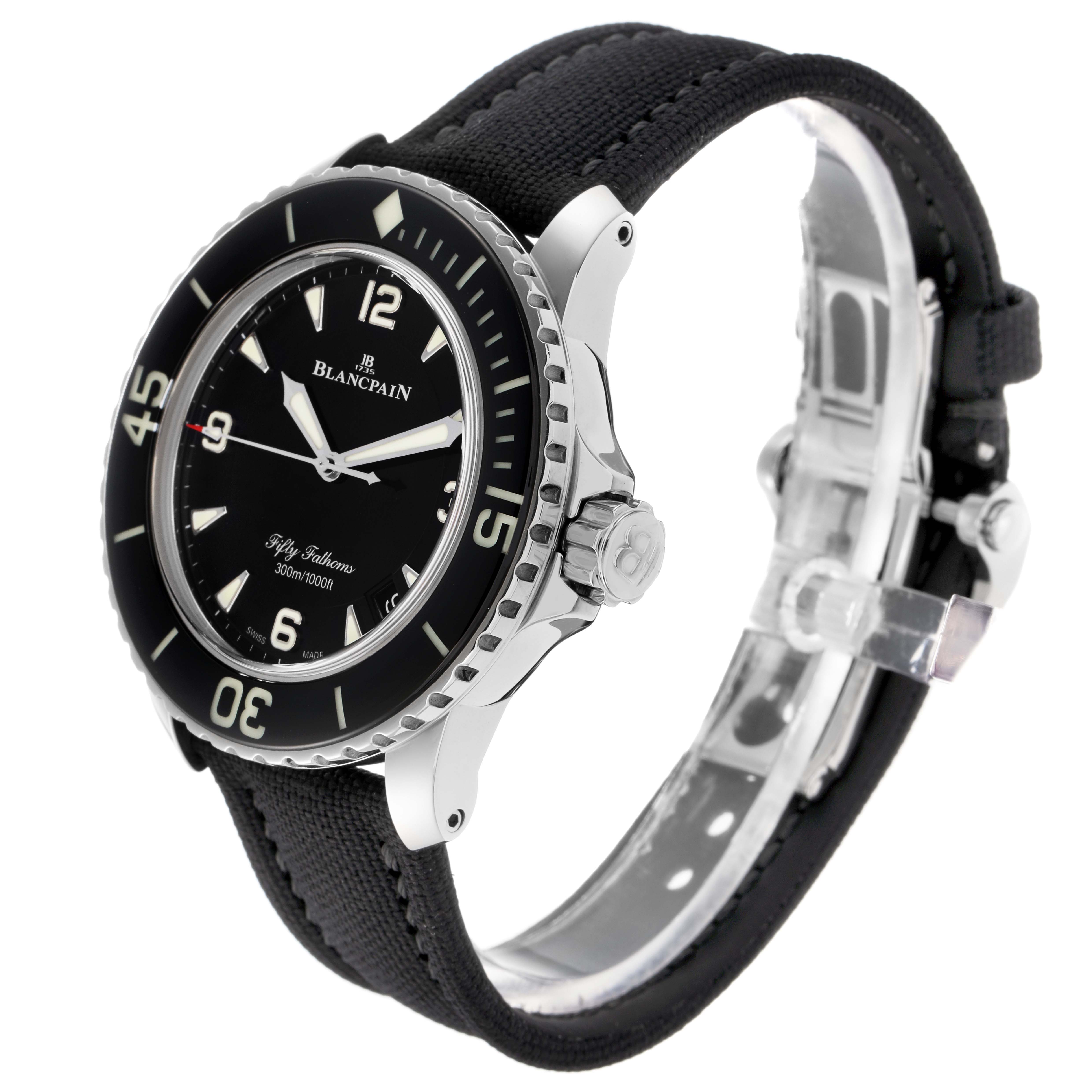 The Blancpain Fifty Fathoms model 5015-1130-715 is shown at a three-quarter angle, highlighting the dial, bezel, case, crown, and strap.