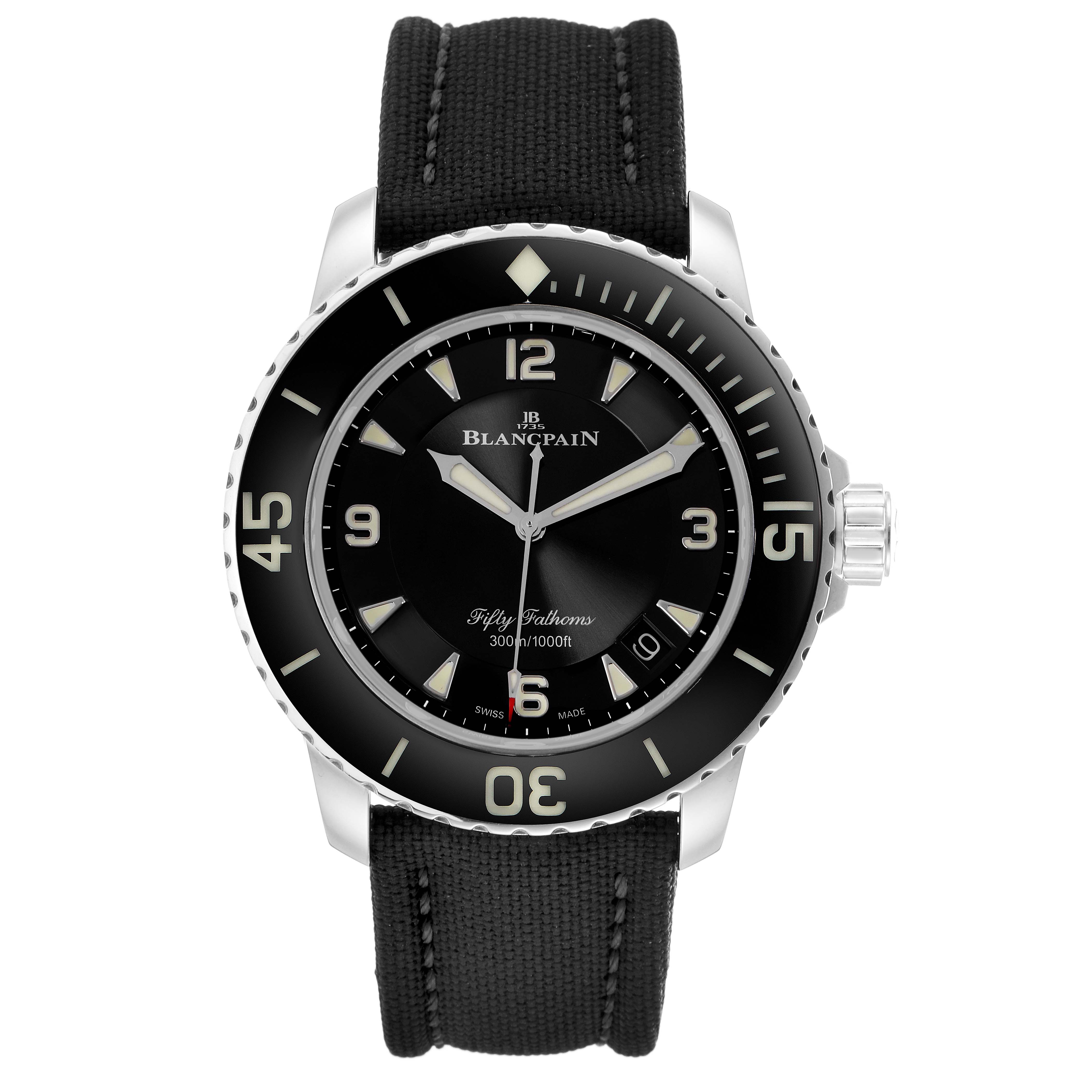 The Blancpain Fifty Fathoms model 5015-1130-715 is shown from a front angle, displaying its dial, bezel, and part of the strap.