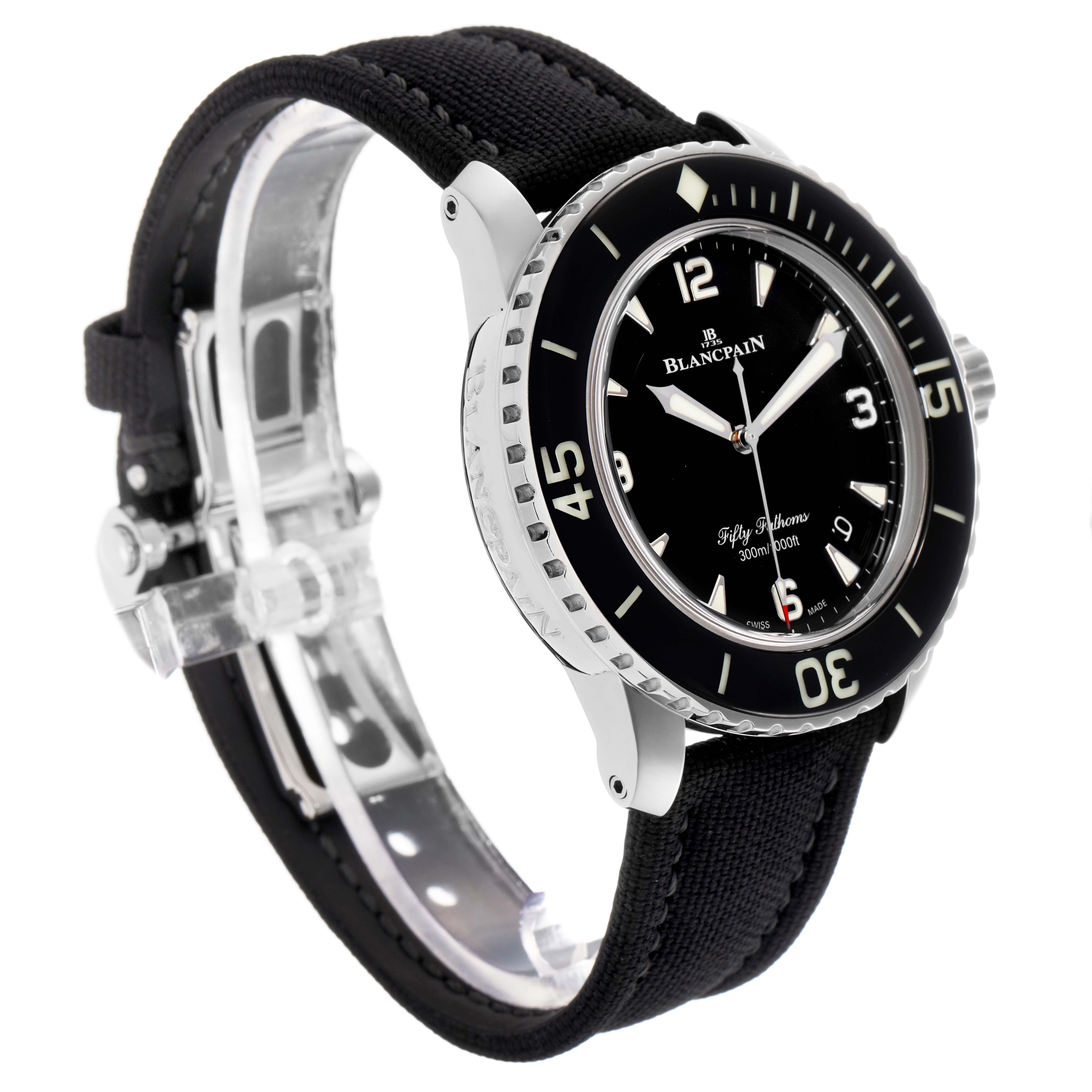 The image shows a Blancpain Fifty Fathoms model 5015-1130-715 from a side angle, highlighting the dial, bezel, lugs, strap, and crown.