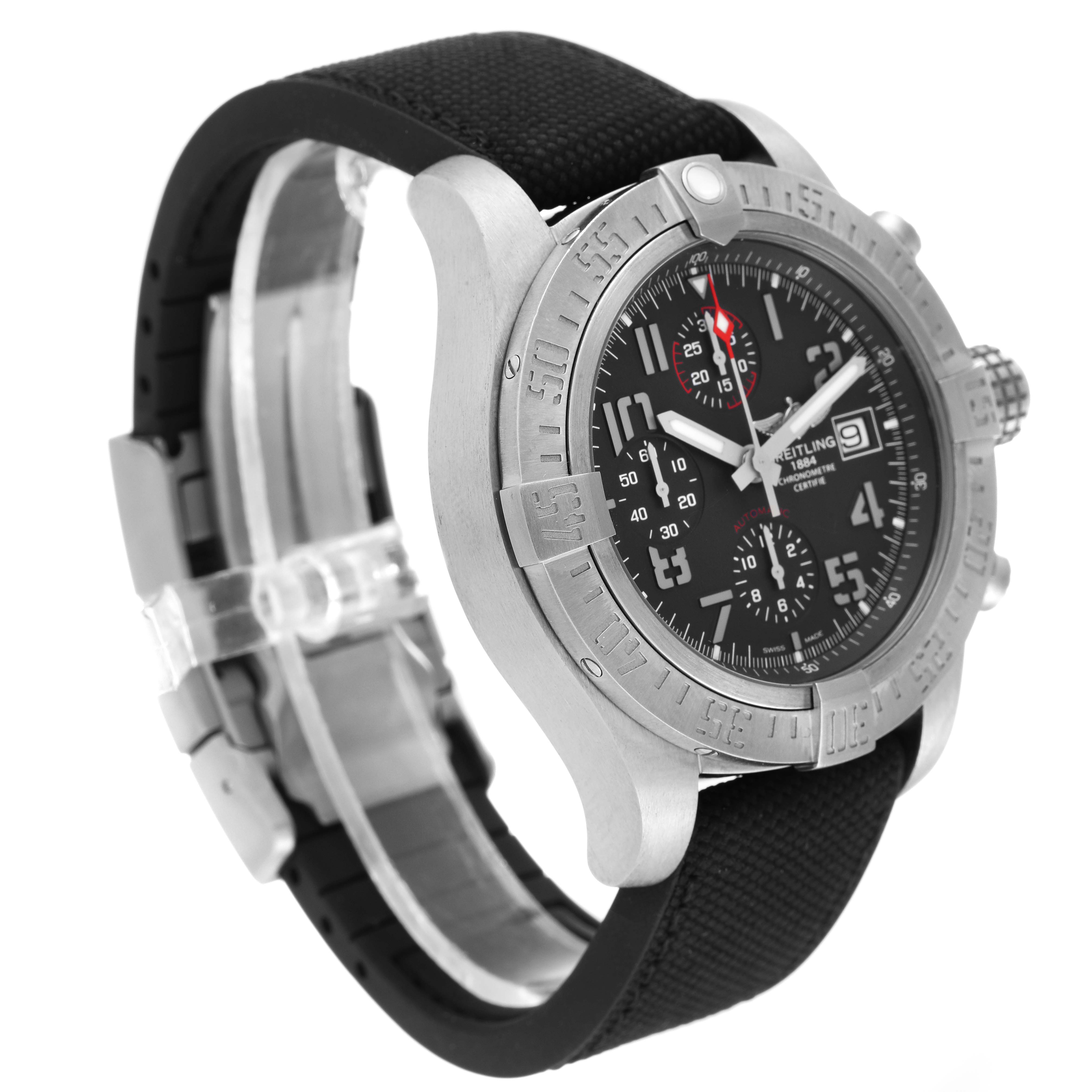 The image shows a side angle view of a Breitling Avenger E1338310/M536-109W Men's Titanium Grey Dial E1338310/M536-109W Men's Titanium Grey Dial watch displaying the face, bezel, strap, and crown.