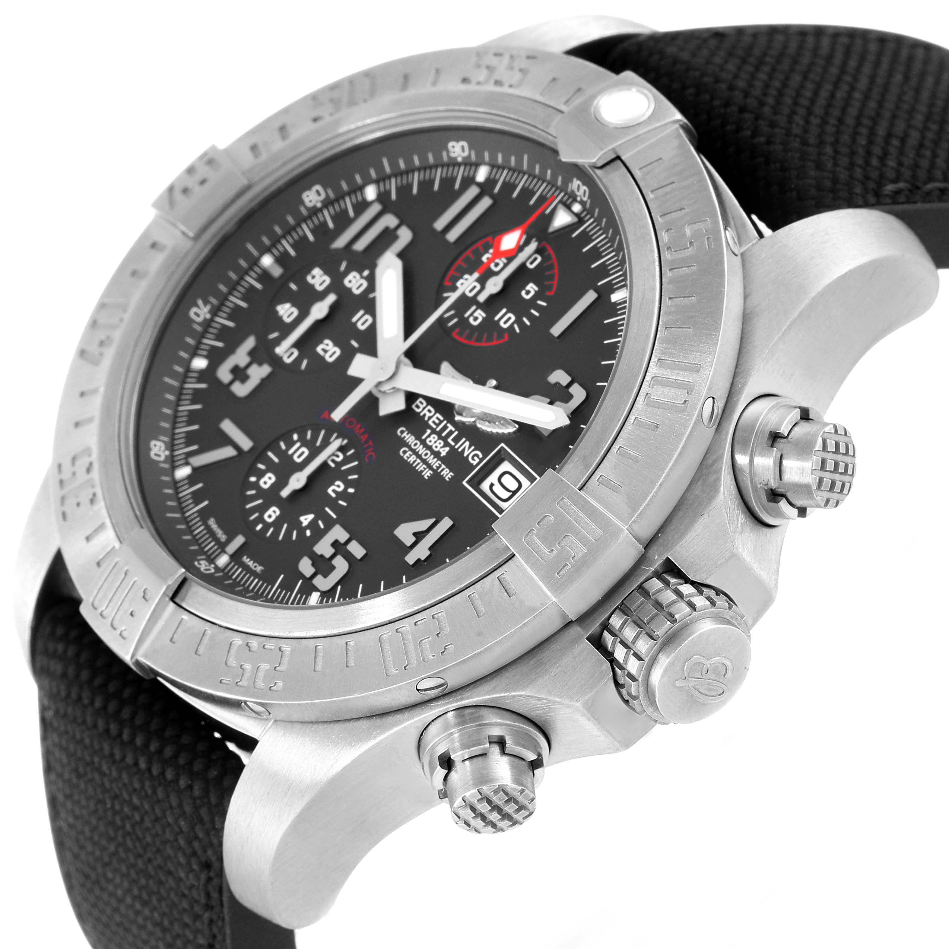 The image shows a close-up, side angle of the Breitling Avenger E1338310/M536-109W Men's Titanium Grey Dial E1338310/M536-109W Men's Titanium Grey Dial watch, highlighting the dial, bezel, crown, and chronograph buttons.