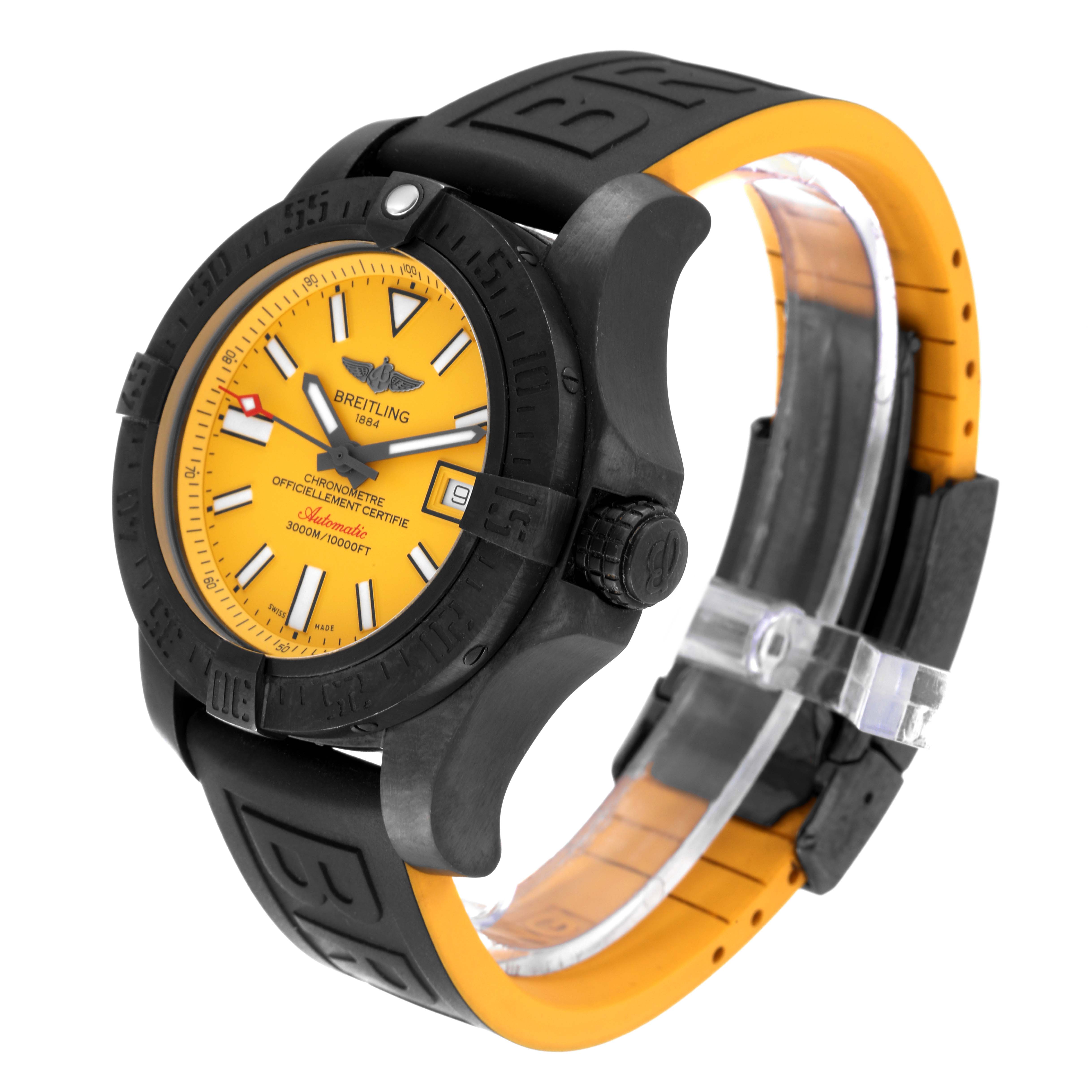 The Breitling Avenger M17331 Men's Stainless Steel Yellow Dial M17331 Men's Stainless Steel Yellow Dial watch is shown at a 3/4 angle, highlighting its yellow dial, black bezel, and black and yellow strap.