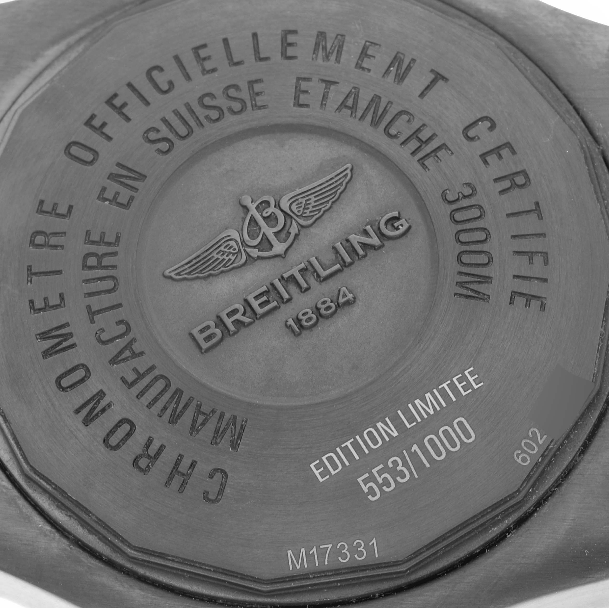 This image shows the back case of a Breitling Avenger M17331 Men's Stainless Steel Yellow Dial M17331 Men's Stainless Steel Yellow Dial watch, highlighting model details and limited edition information.