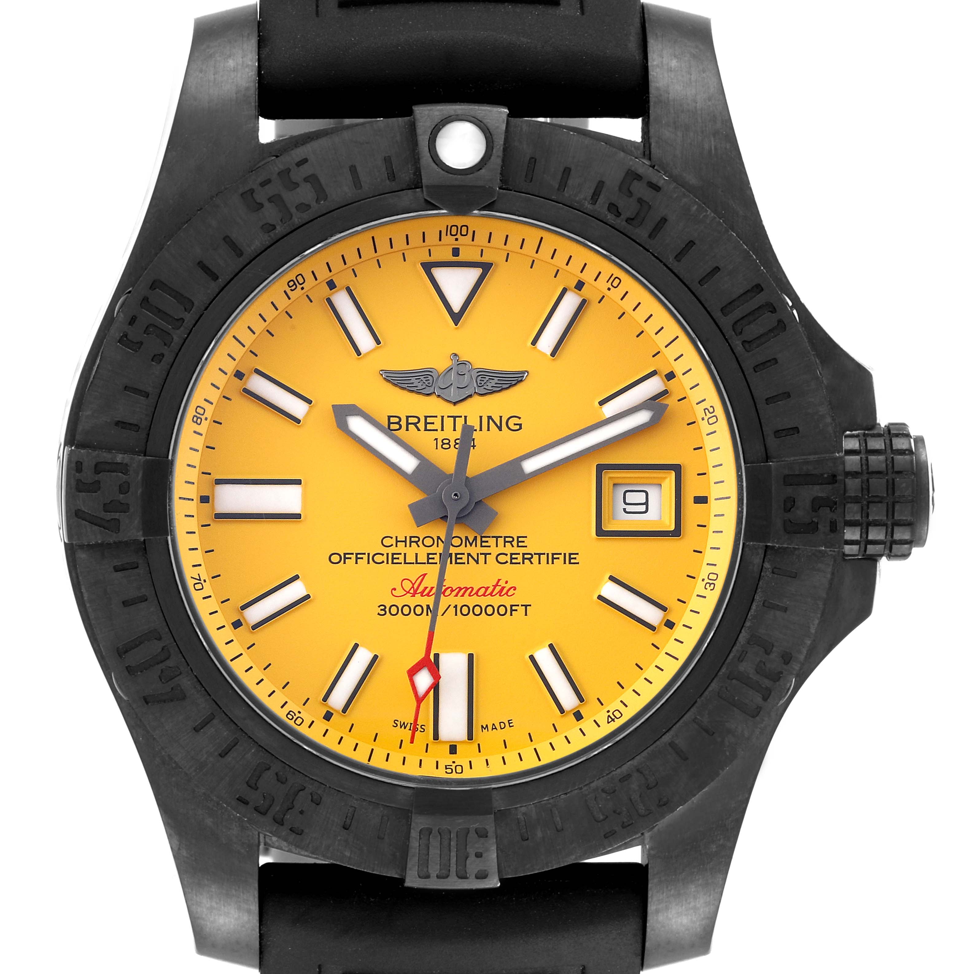 The image shows a frontal view of the Breitling Avenger M17331 Men's Stainless Steel Yellow Dial M17331 Men's Stainless Steel Yellow Dial watch featuring a yellow dial, black bezel, crown, and strap.