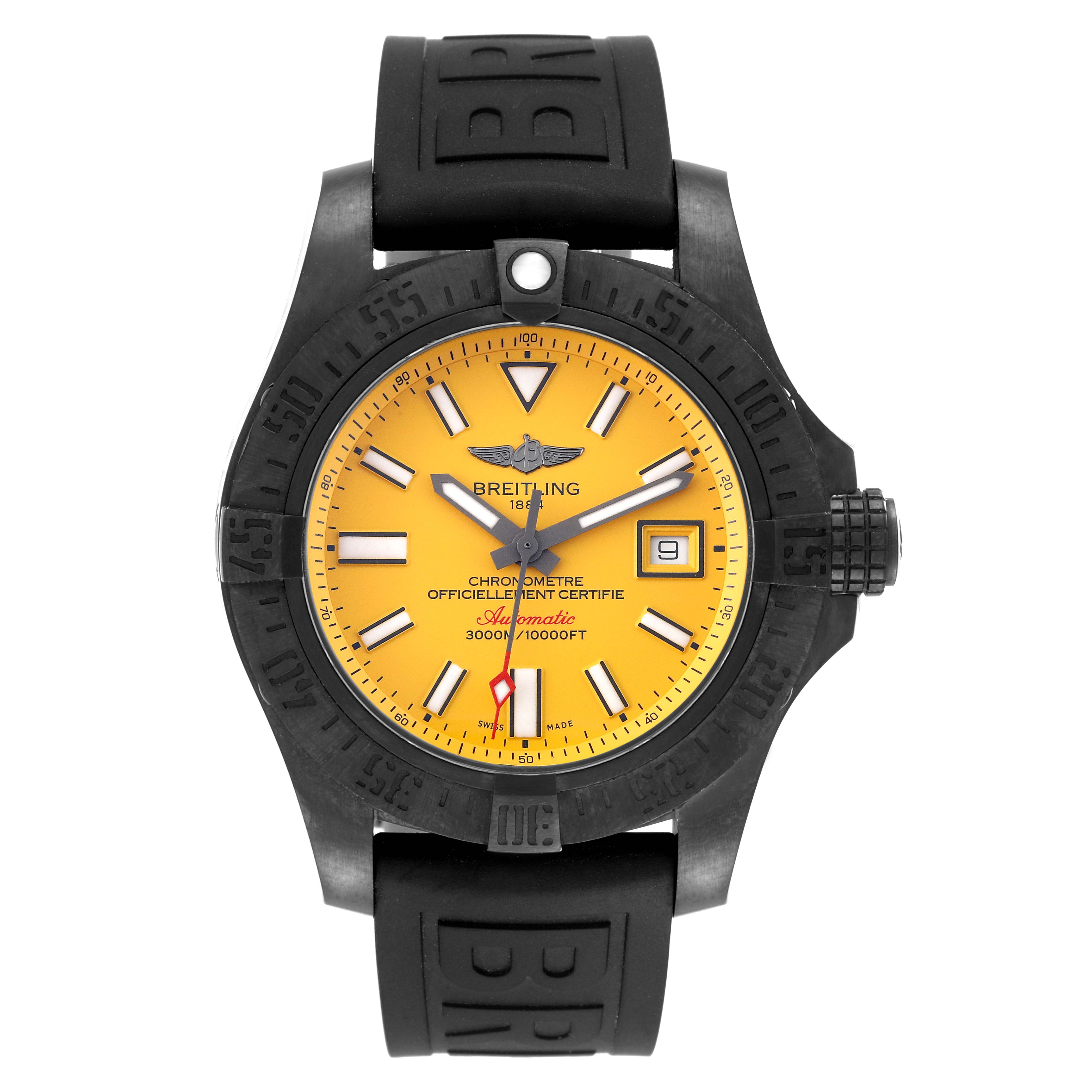 The Breitling Avenger M17331 Men's Stainless Steel Yellow Dial M17331 Men's Stainless Steel Yellow Dial watch is shown at a straight-on angle, highlighting its yellow dial, black bezel, and black rubber strap.