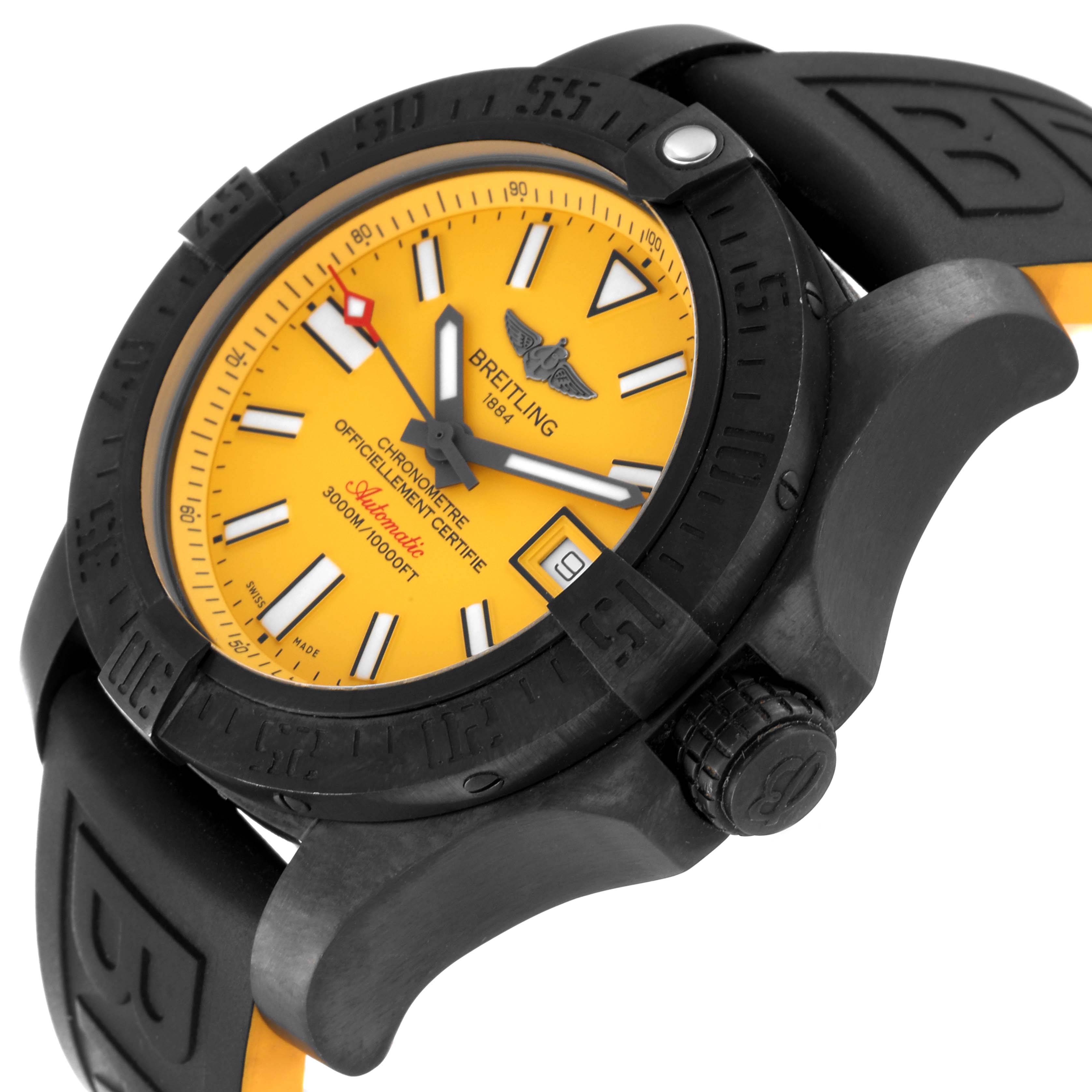 The Breitling Avenger M17331 Men's Stainless Steel Yellow Dial M17331 Men's Stainless Steel Yellow Dial watch is shown from a front angle, highlighting its yellow dial, hands, date display, and black bezel.