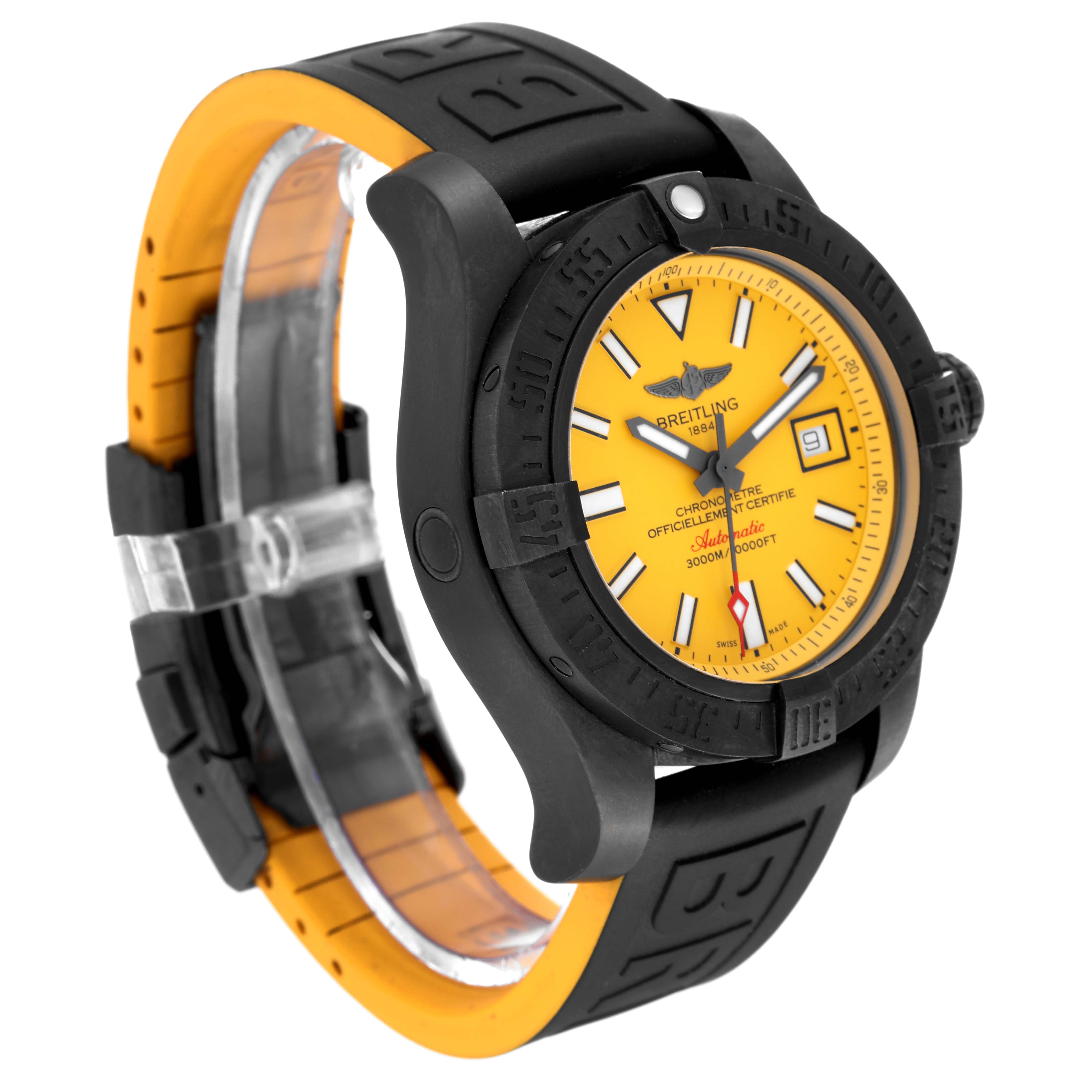 The Breitling Avenger M17331 Men's Stainless Steel Yellow Dial M17331 Men's Stainless Steel Yellow Dial watch is shown at a 3/4 angle, highlighting its yellow dial and black strap.