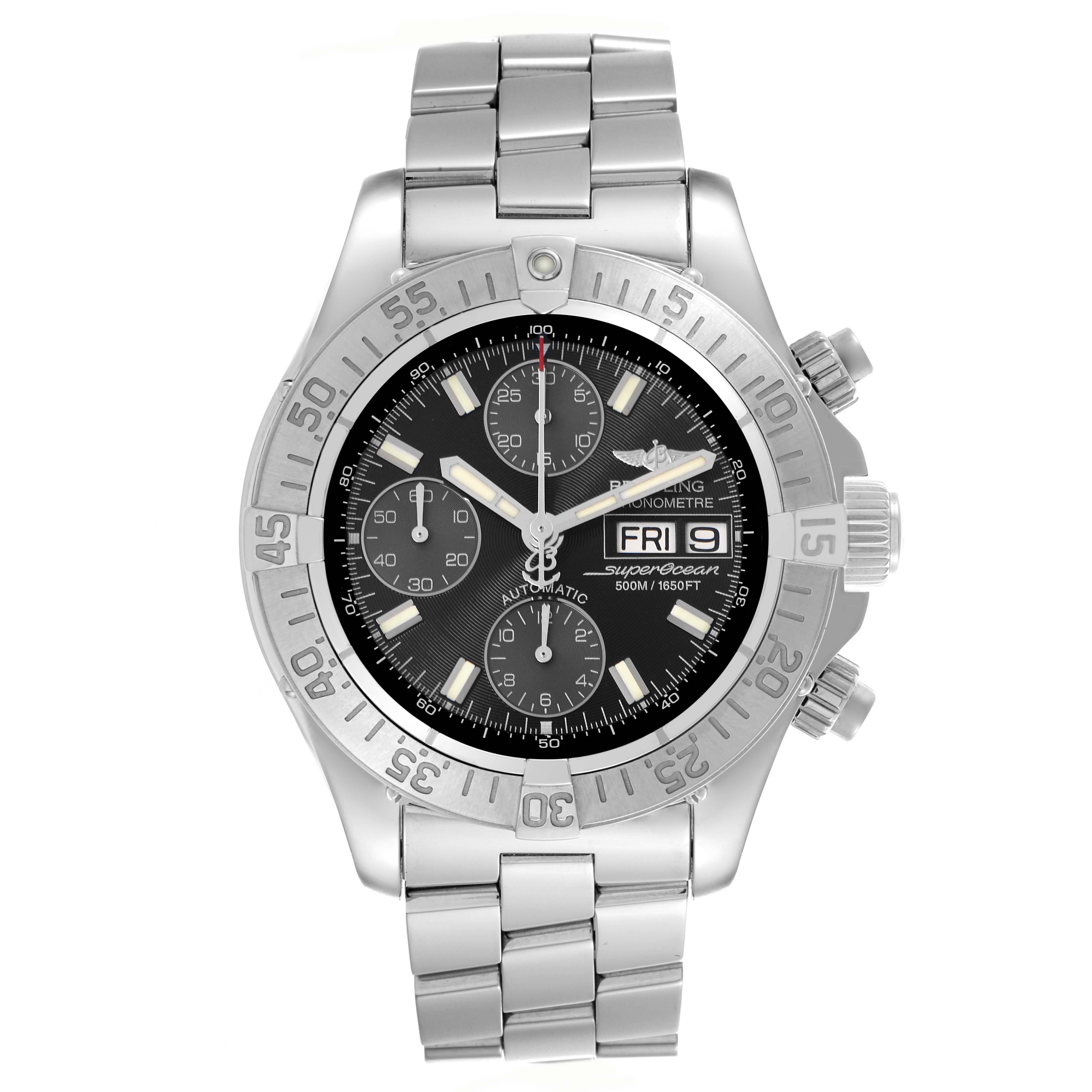 The Breitling Superocean (model A13340) men
s watch is shown from the front, featuring a clear view of its dial, bezel, crown, and stainless steel bracelet.