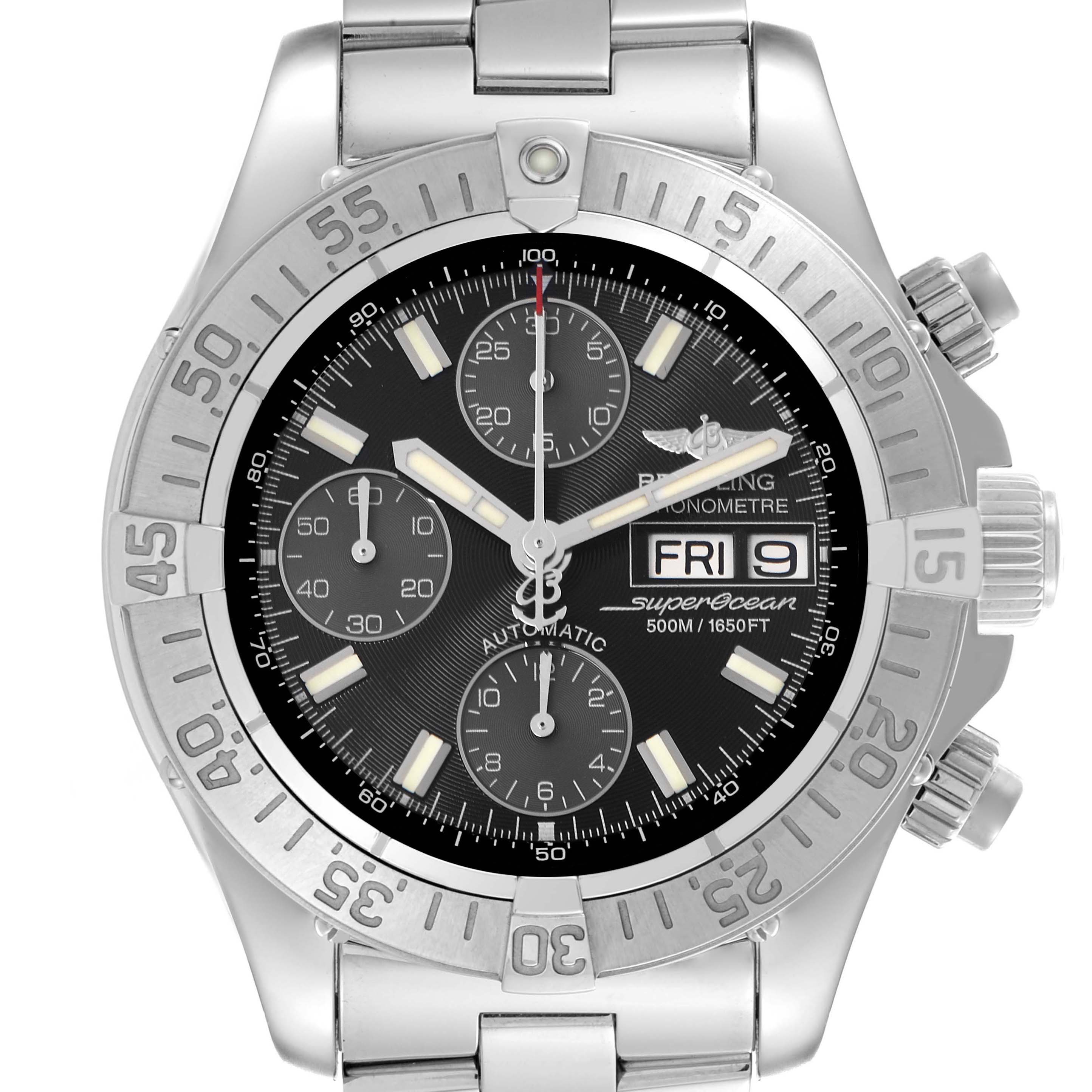 The image shows a front view of a Breitling Superocean model A13340 men
s watch, displaying the dial, bezel, subdials, and bracelet.
