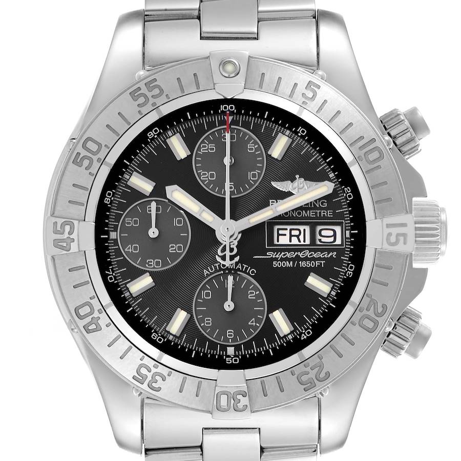 The image shows a front view of a Breitling Superocean model A13340 men's watch, displaying the dial, bezel, subdials, and bracelet.