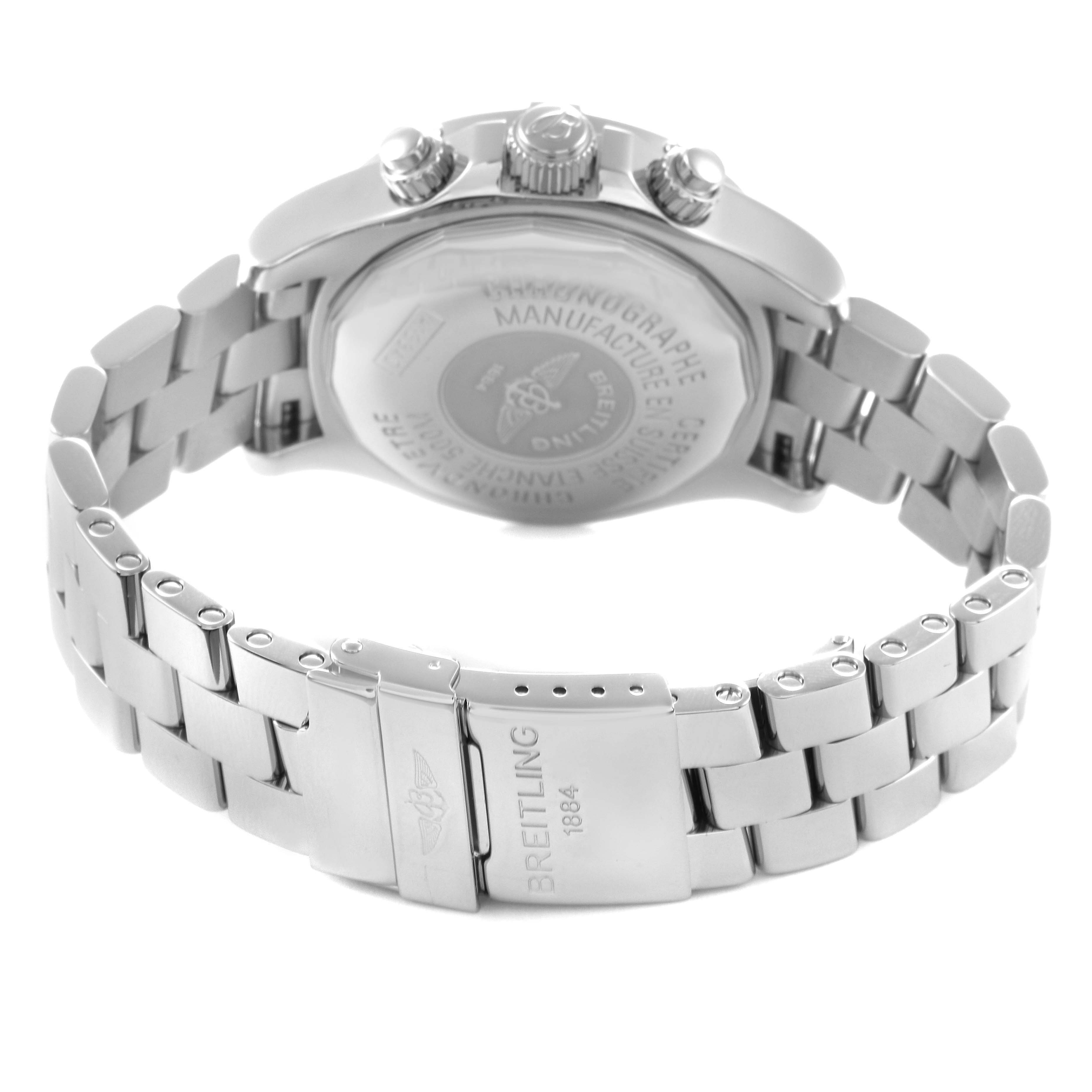 The image shows the side and back of a Breitling Superocean model A13340 men
s watch, highlighting the case back, crown, pushers, and metal bracelet with the clasp.