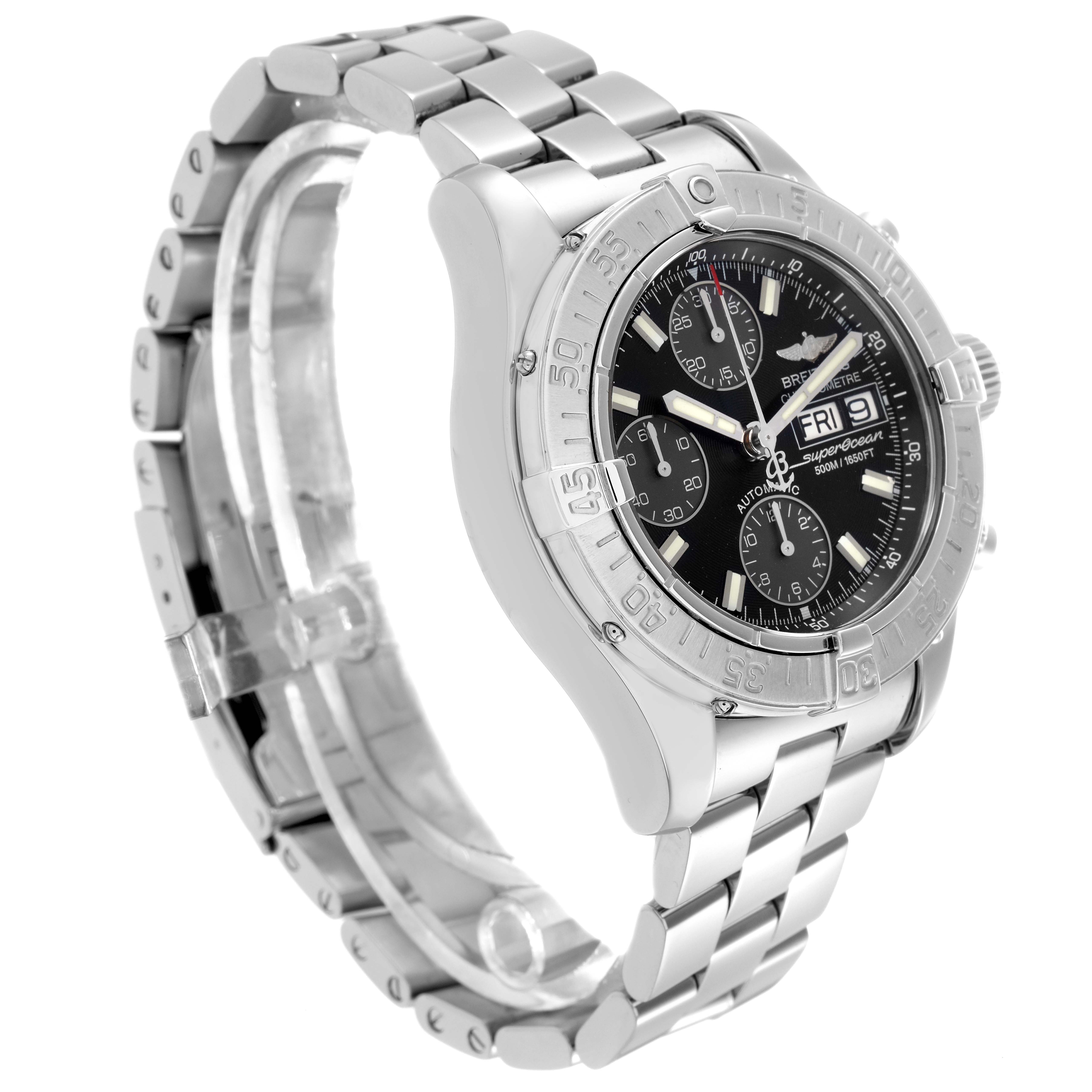 The image shows a Breitling Superocean A13340 men
s watch at an angled side view, highlighting the dial, bezel, bracelet, and clasp.