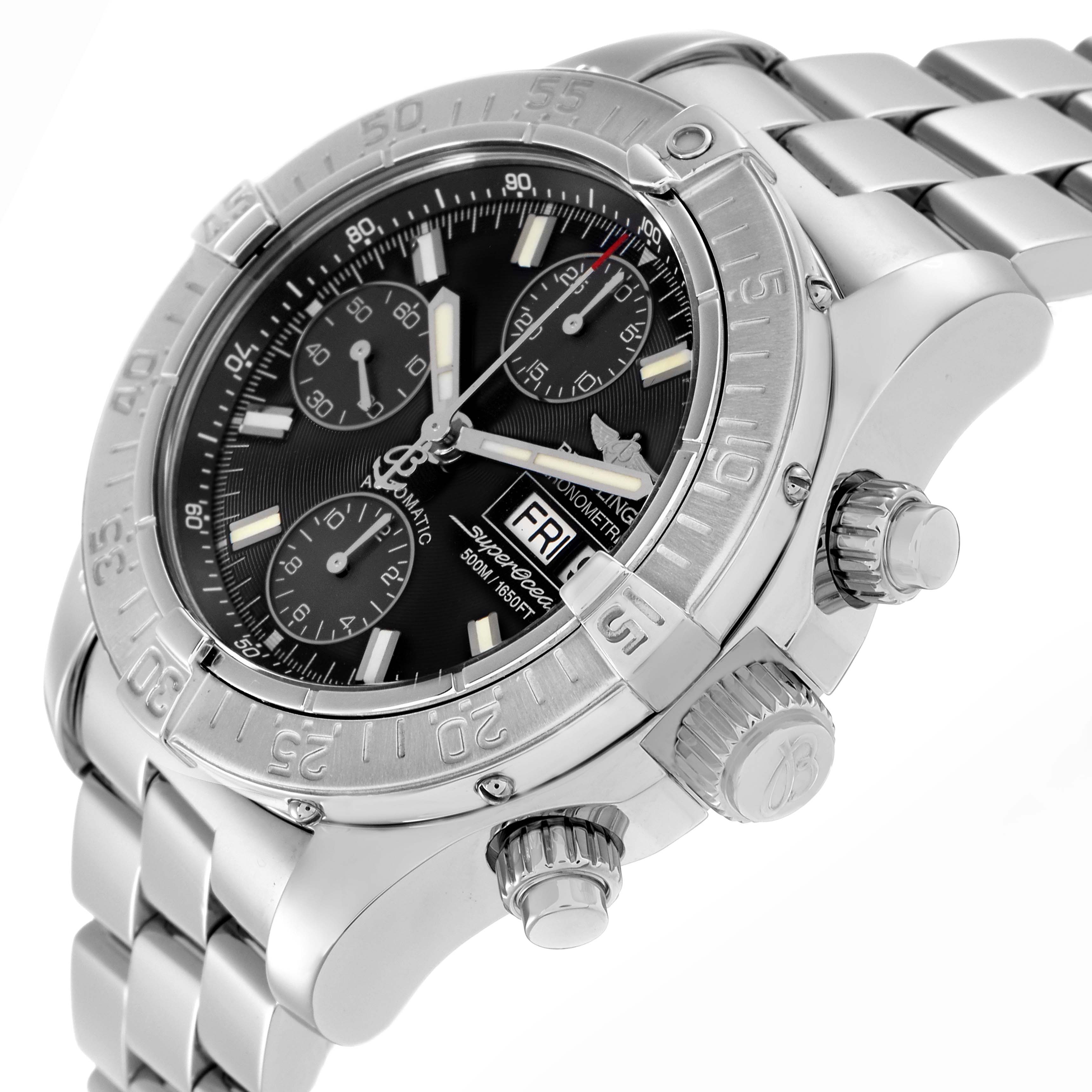 The Breitling Superocean model A13340 is shown at an angled close-up, highlighting its bezel, chronograph dials, date window, and metal bracelet.