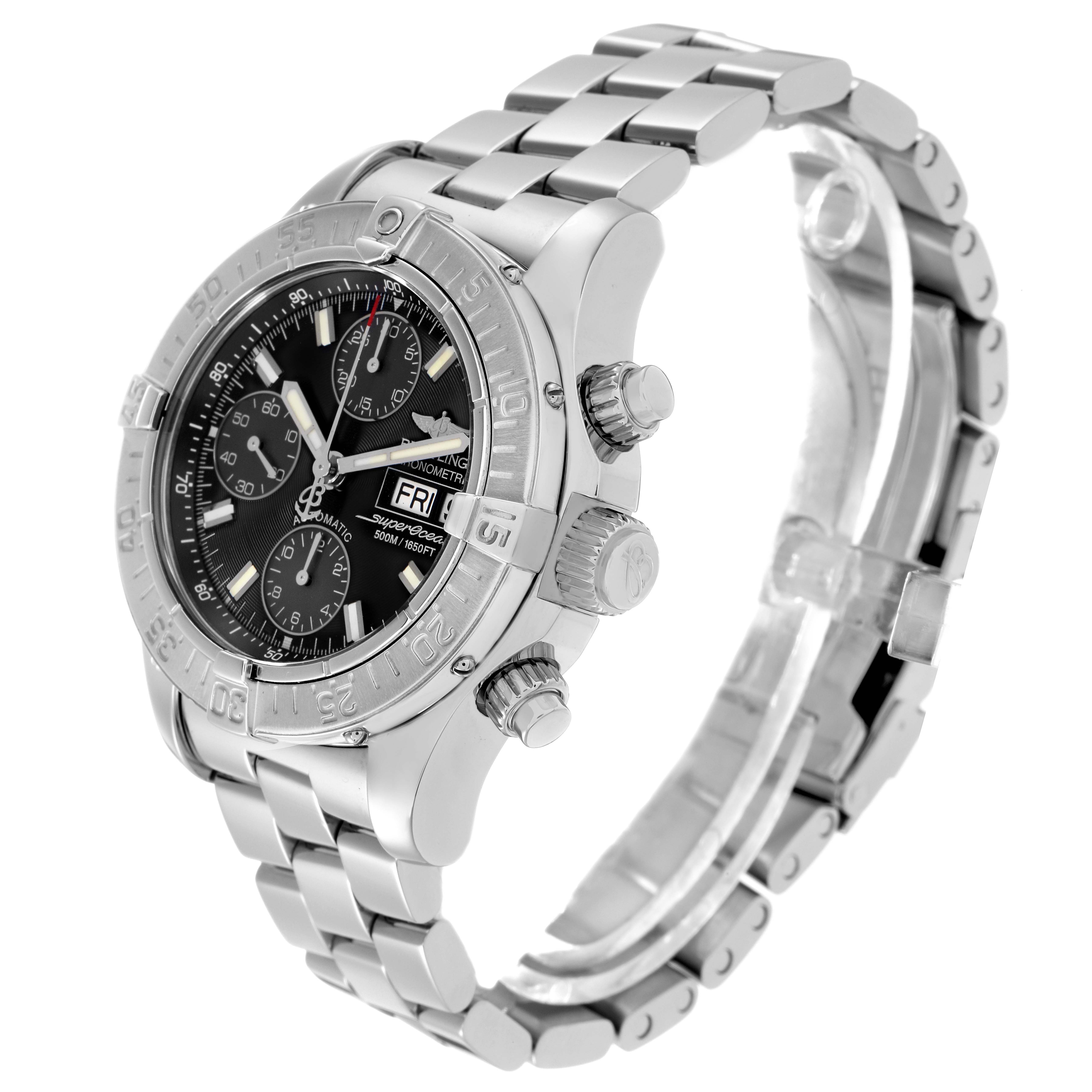 The image shows a Breitling Superocean A13340 men
s watch at a three-quarter angle, highlighting its face, bezel, and stainless steel bracelet.