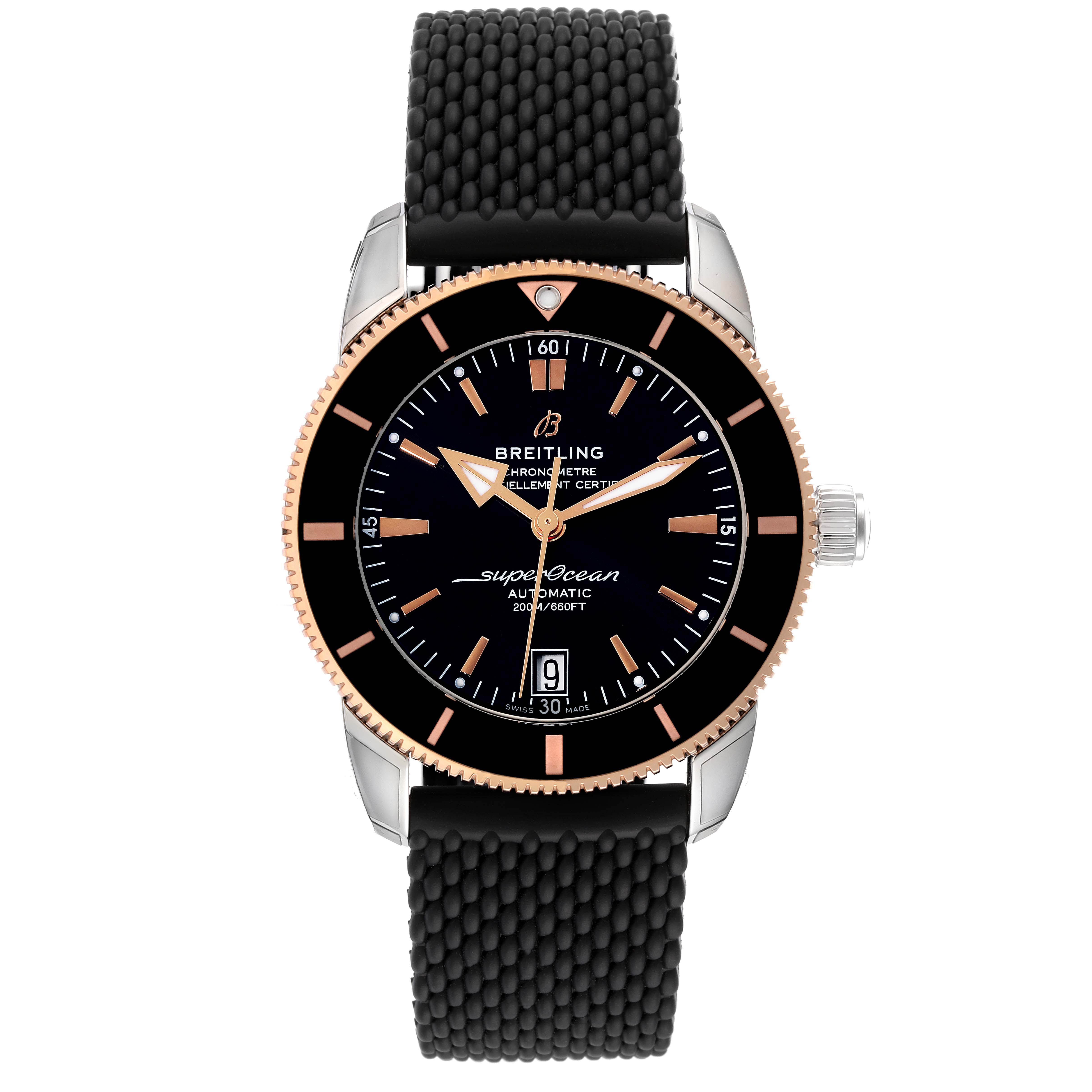 The image shows a Breitling Superocean UB2010 Men's Steel and Gold (two tone) Black Dial UB2010 Men's Steel and Gold (two tone) Black Dial watch head-on, displaying the dial, bezel, and strap clearly.