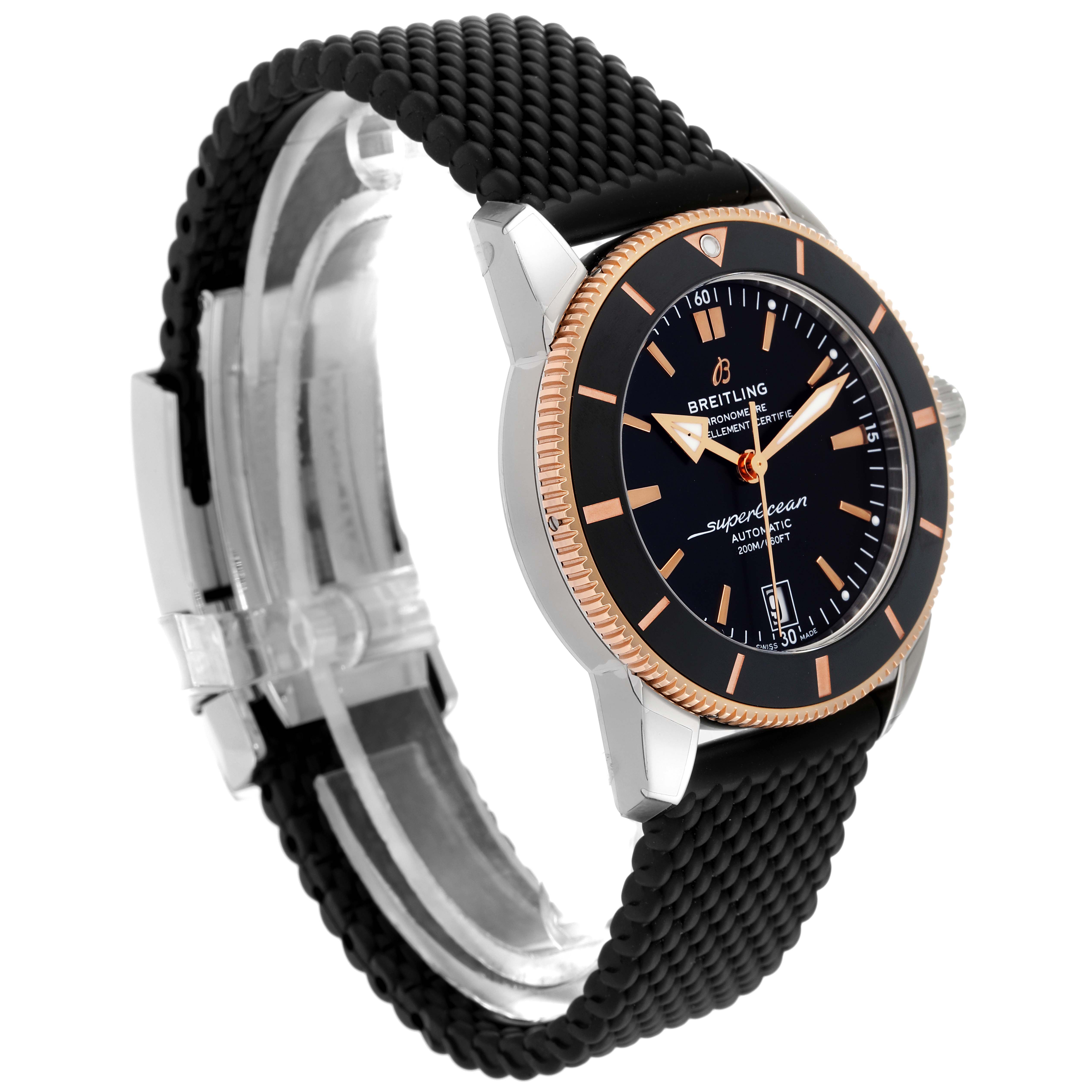 The Breitling Superocean UB2010 Men's Steel and Gold (two tone) Black Dial UB2010 Men's Steel and Gold (two tone) Black Dial watch is shown at an angle highlighting the face, bezel, crown, and strap.
