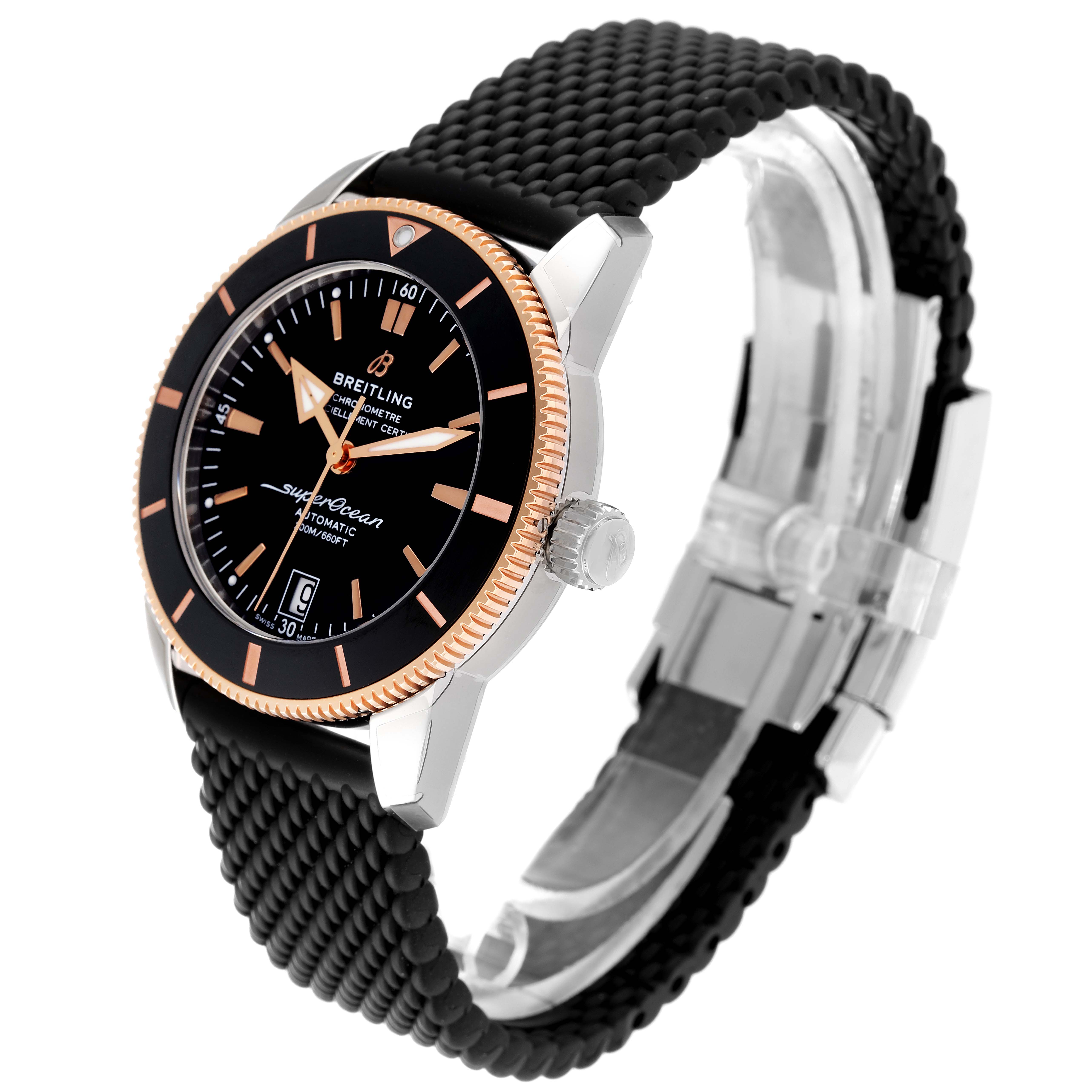 This image shows a Breitling Superocean UB2010 Men's Steel and Gold (two tone) Black Dial UB2010 Men's Steel and Gold (two tone) Black Dial watch from a front-side angle, highlighting its face, bezel, crown, and rubber strap.