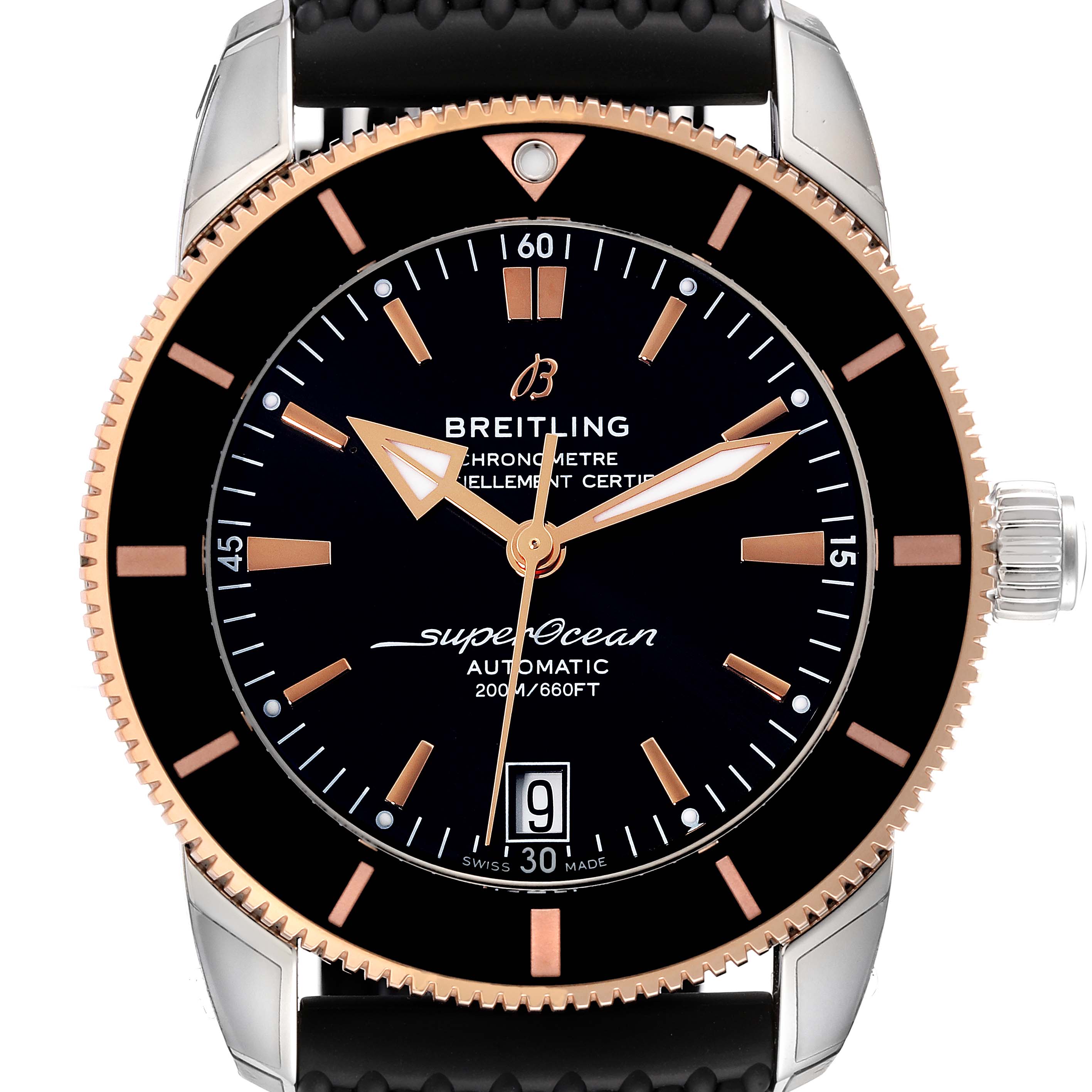 This image shows a front view of the Breitling Superocean UB2010 Men's Steel and Gold (two tone) Black Dial UB2010 Men's Steel and Gold (two tone) Black Dial watch, displaying its dial, bezel, and crown.