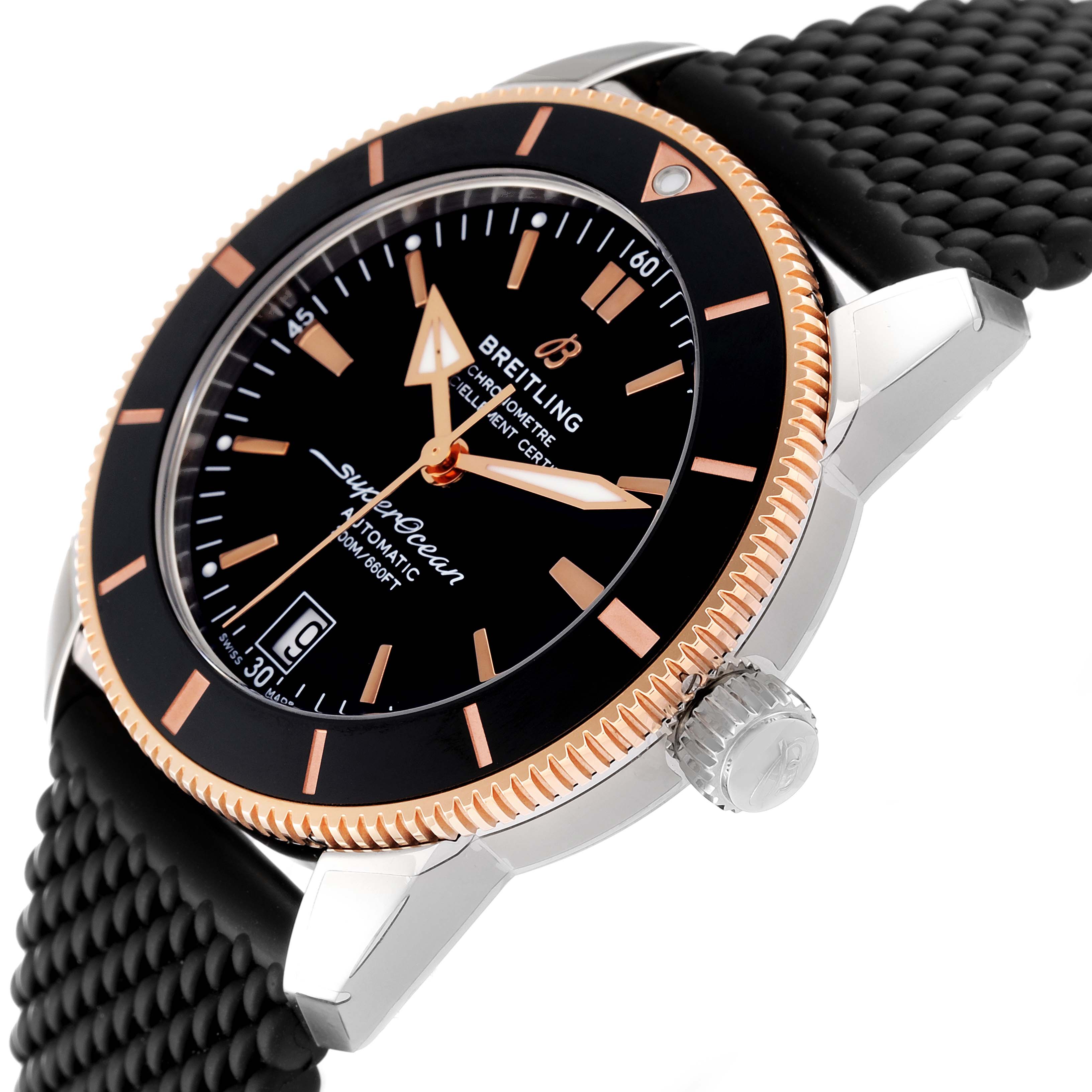 The image shows a Breitling Superocean UB2010 Men's Steel and Gold (two tone) Black Dial UB2010 Men's Steel and Gold (two tone) Black Dial watch at an angled side view, highlighting the dial, bezel, crown, and part of the strap.