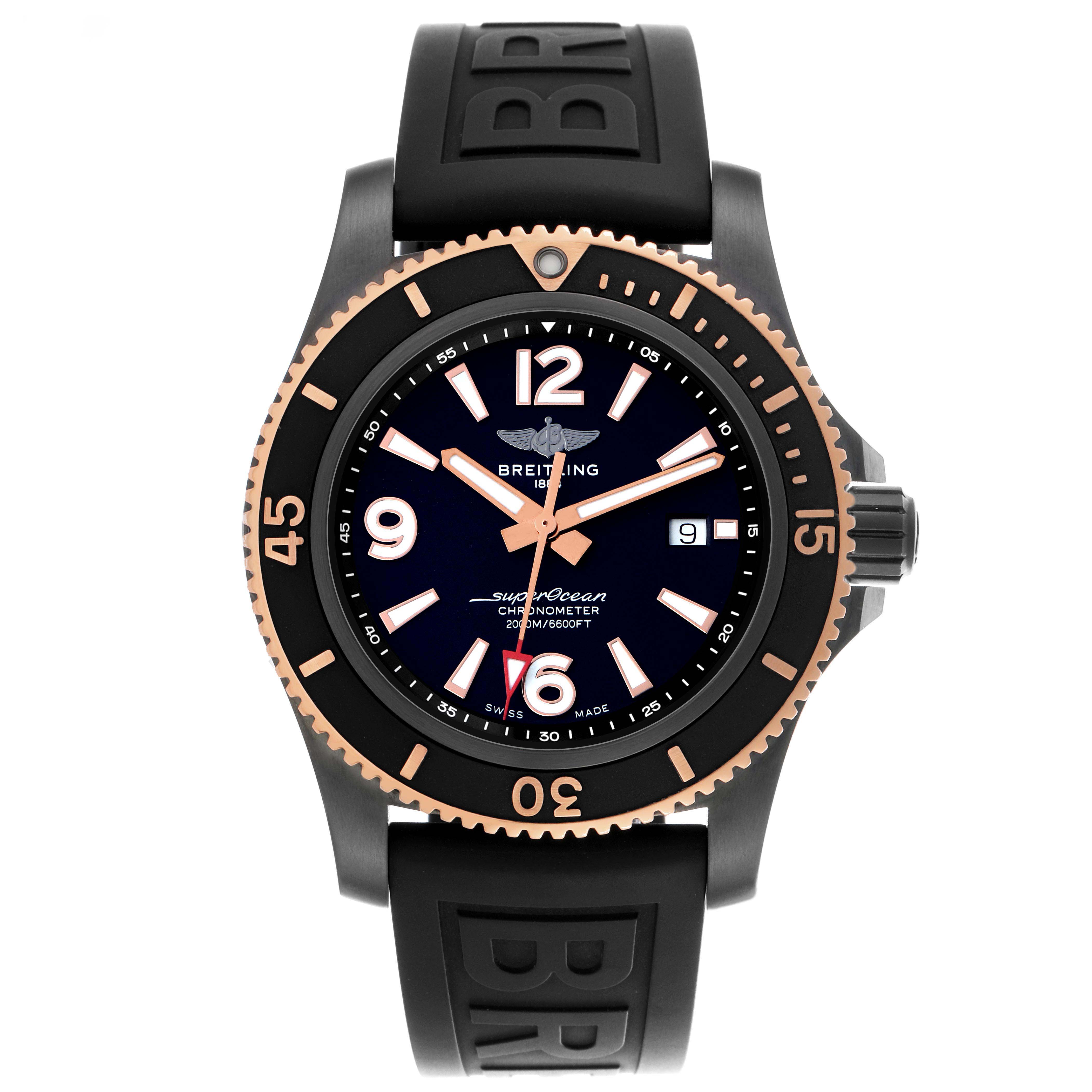The Breitling Superocean model U17368 is shown from a front angle, displaying its black dial, rose gold-tone bezel, luminous markers, and black rubber strap.