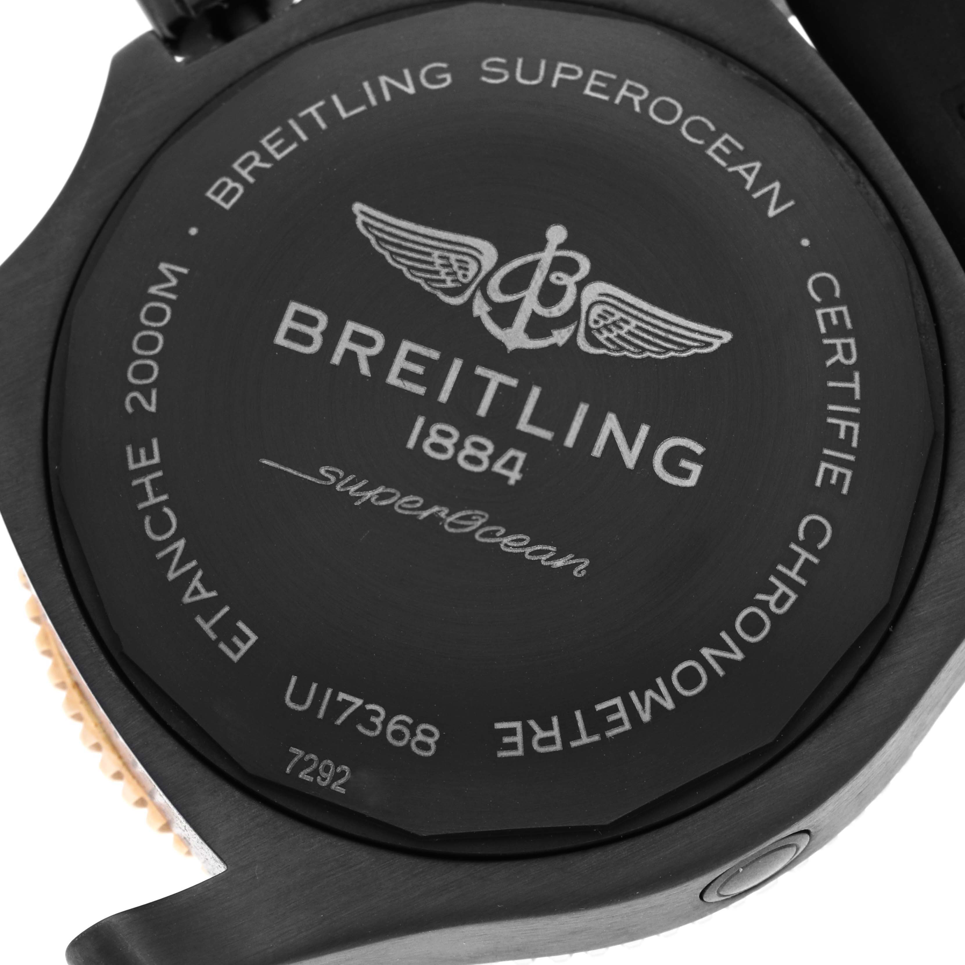 The image shows the back case of the Breitling Superocean, model number U17368, with engravings of the branding and model details.