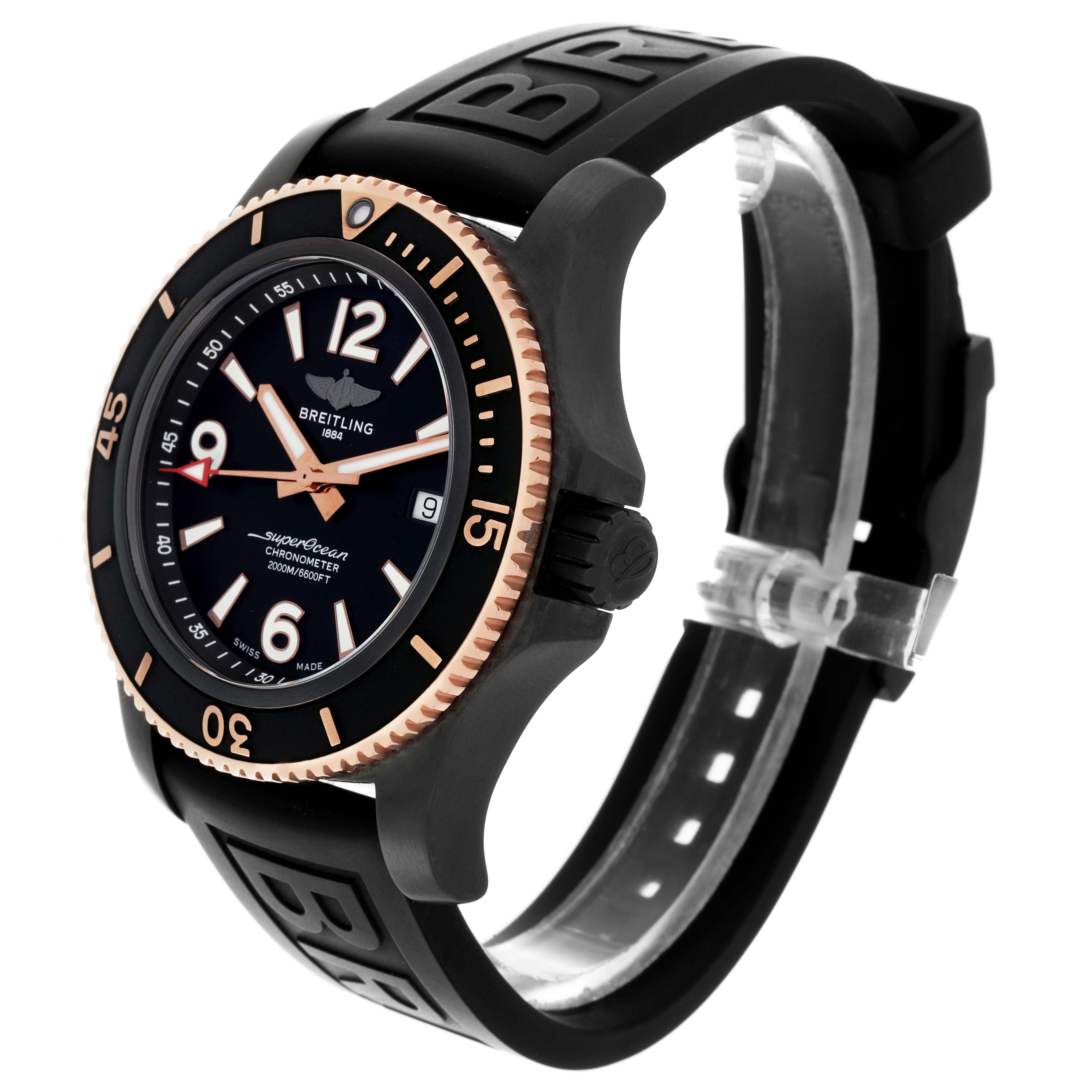 The Breitling Superocean model U17368 men
s watch is shown at an angled side view, highlighting its bezel, crown, dial, and rubber strap.