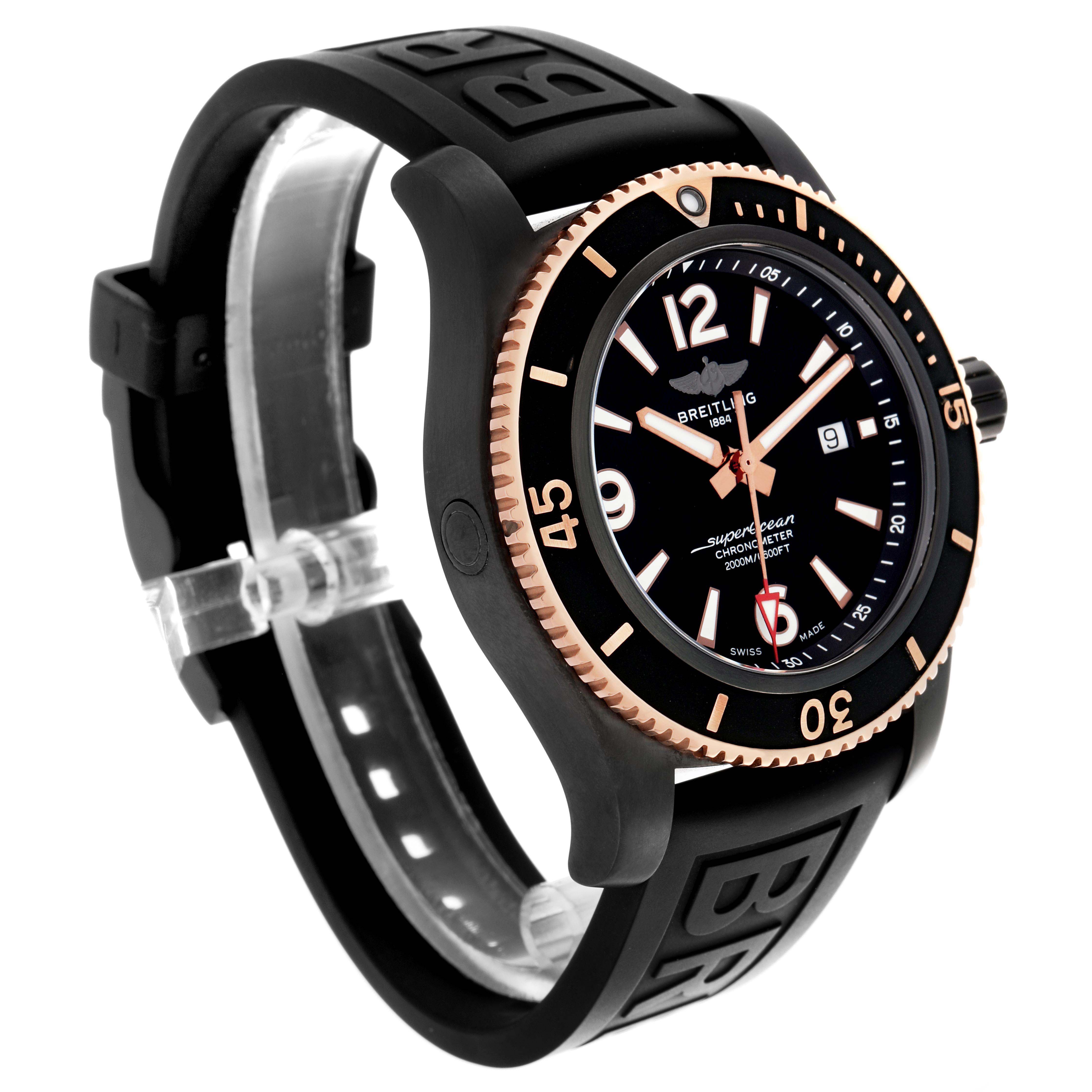 The Breitling Superocean model U17368 men
s watch is shown at an angled side view, highlighting the face, bezel, crown, and strap.