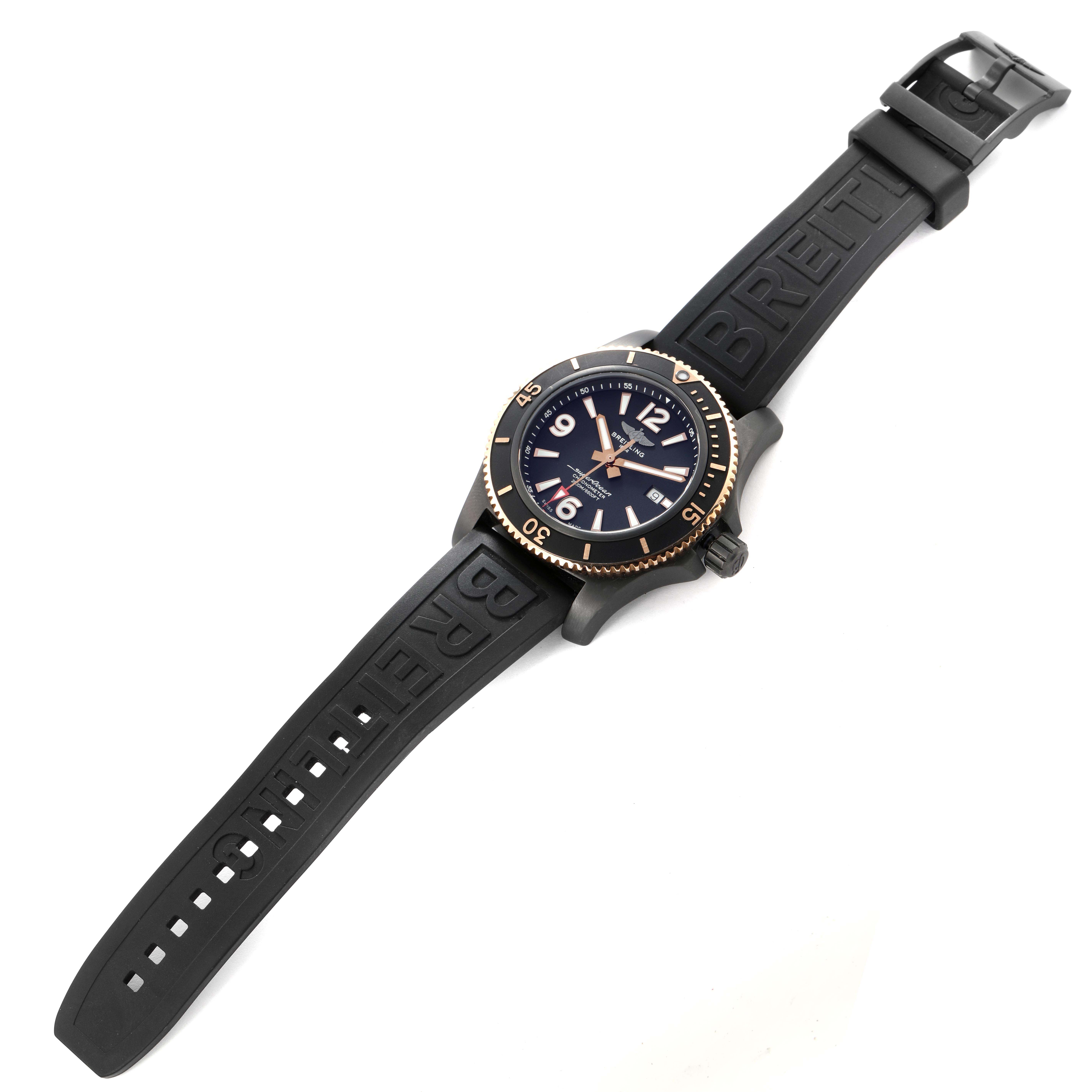 The Breitling Superocean U17368 men
s watch is shown at an angle highlighting its face, bezel, and black rubber strap with "BREITLING" embossed.