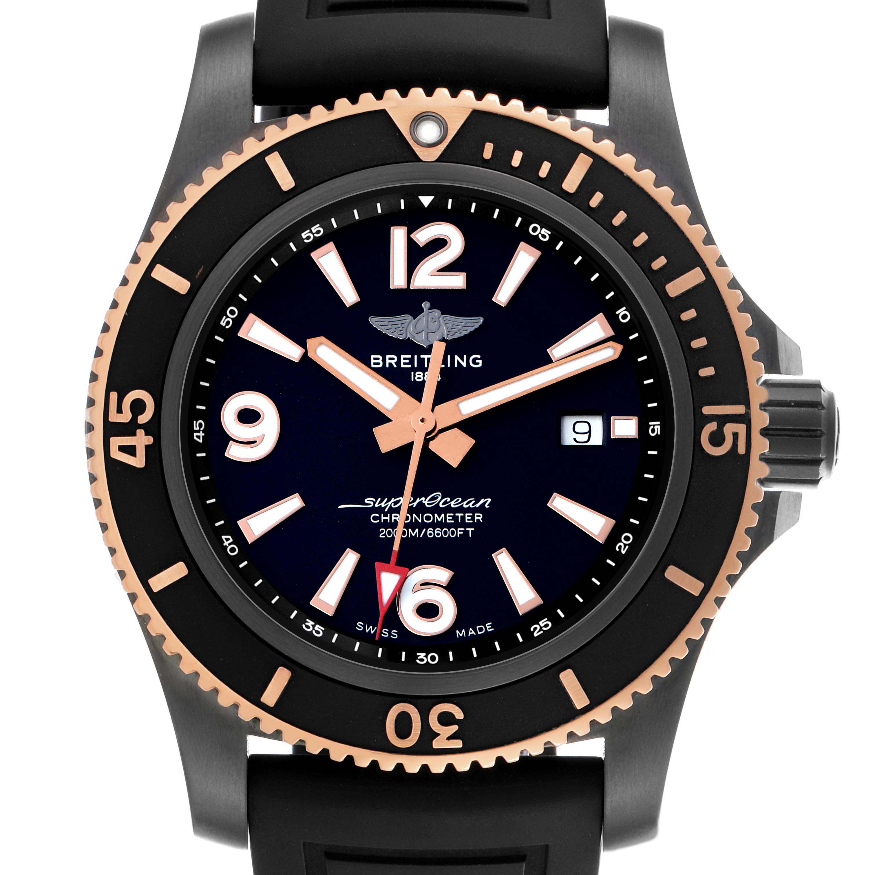 The image shows a front view of the Breitling Superocean U17368 men
s watch, highlighting its bezel, dial, hands, date function, and rubber strap.