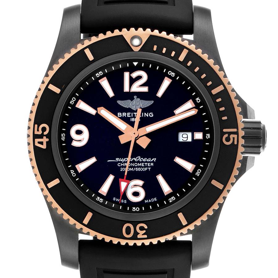 The image shows a front view of the Breitling Superocean U17368 men's watch, highlighting its bezel, dial, hands, date function, and rubber strap.